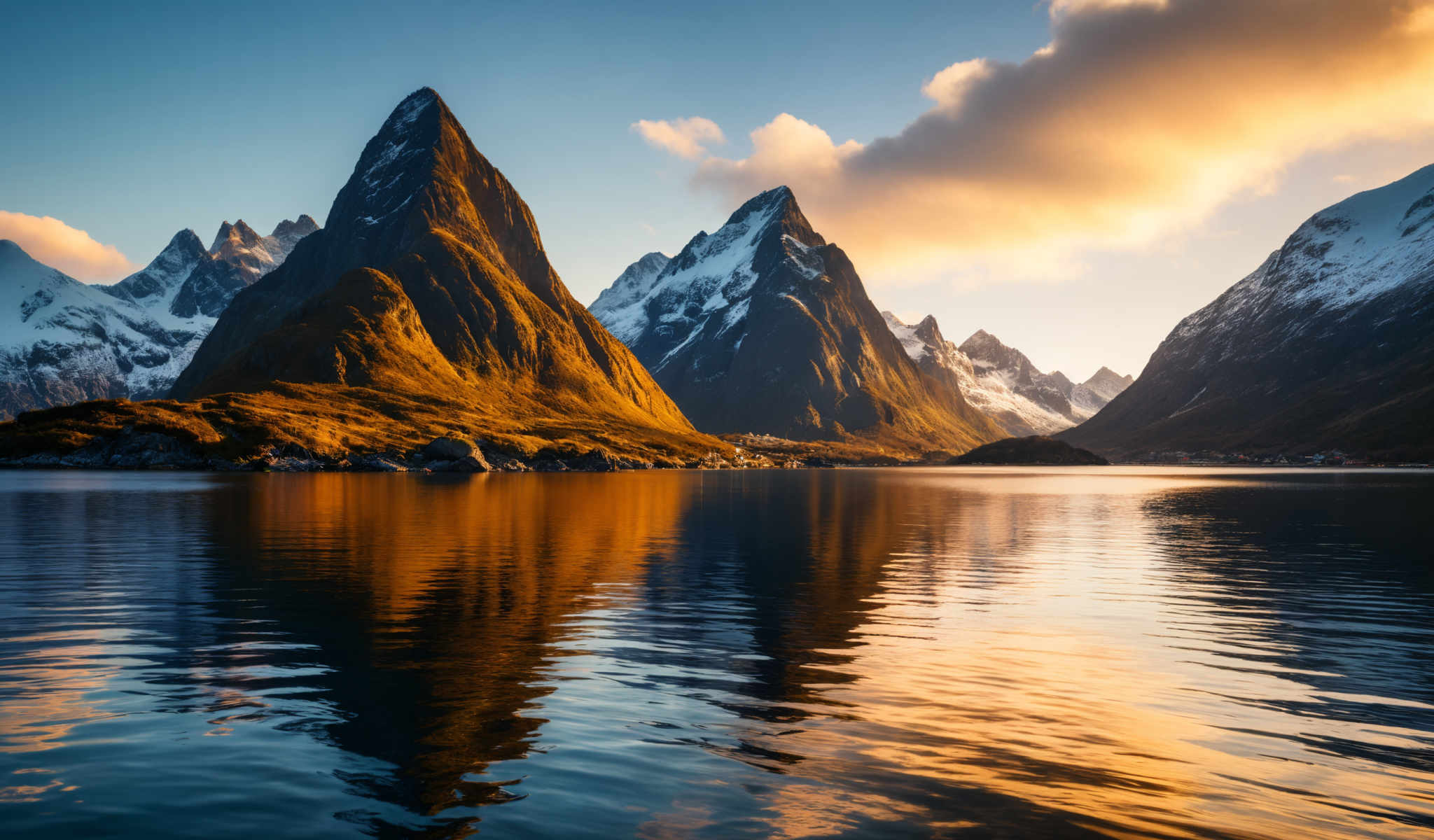 A serene mountainous landscape with a lake in the foreground. The mountains are covered in snow and the sky is a clear blue. The sun is setting casting a warm glow on the mountains. The lake is calm and still reflecting the mountains and the sunset. The image is taken from a low angle looking up at the mountains giving a sense of their grandeur and majesty. The colors in the image are vibrant with the snow on the mountain appearing white the mountains themselves appearing brown and the lake appearing blue. There are no people or animals in the photo just the natural beauty of the landscape. The photo is taken during the day as evidenced by the sunlight and shadows. The overall mood of the photo is peaceful and serene capturing the beauty of nature in its raw form.