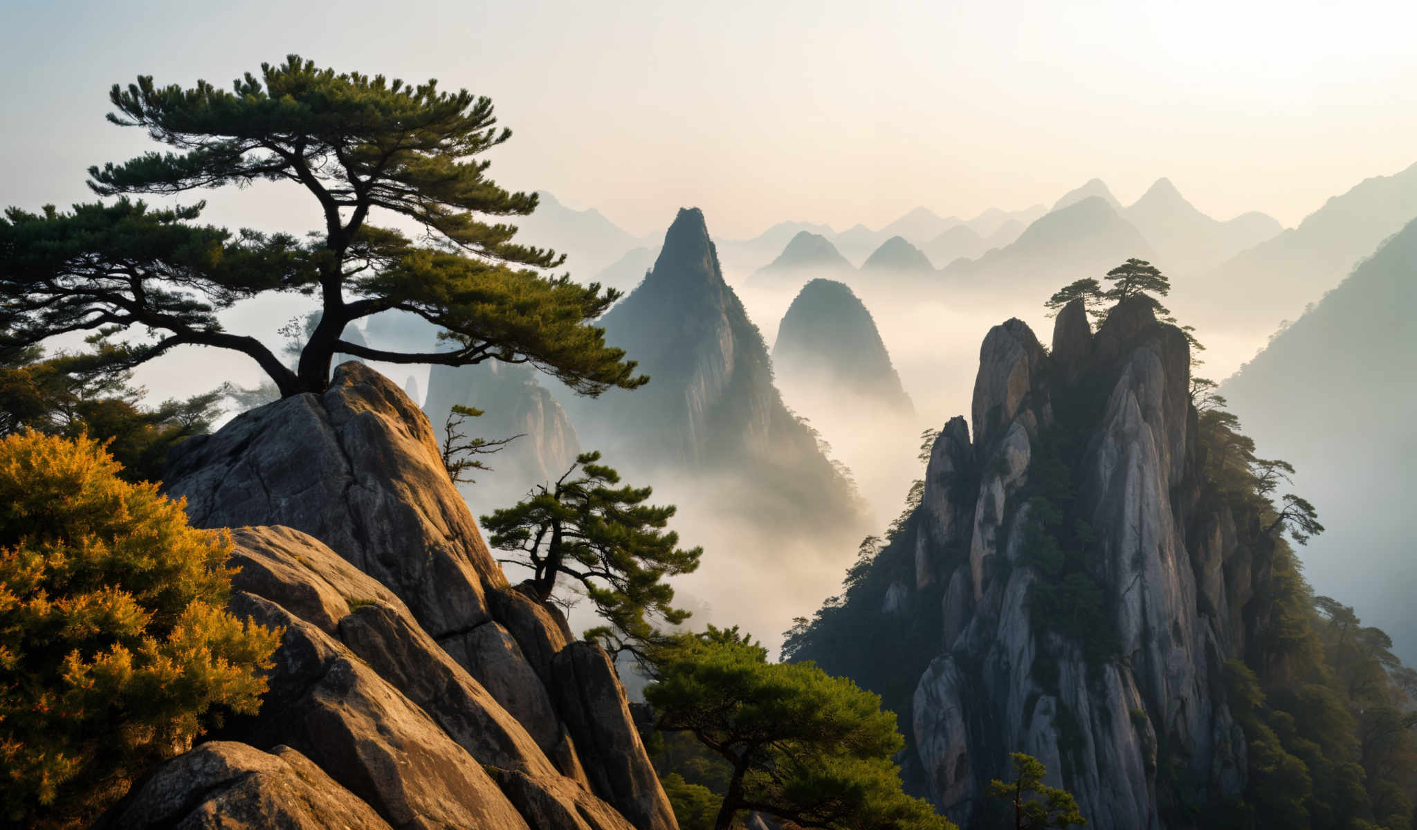 The image captures a breathtaking view of a mountainous landscape. The mountains shrouded in a layer of fog rise majestically in the background. The foreground is dominated by a rocky cliff its surface a mosaic of large rocks and boulders. A few trees their leaves a vibrant green are scattered across the cliff adding a touch of life to the otherwise stark landscape. Above the sky is a hazy blue with a few clouds dotting the expanse. The image is taken from a high vantage point offering a panoramic view of the scene below. The overall mood of the photo is serene and tranquil inviting the viewer to lose themselves in the beauty of nature.