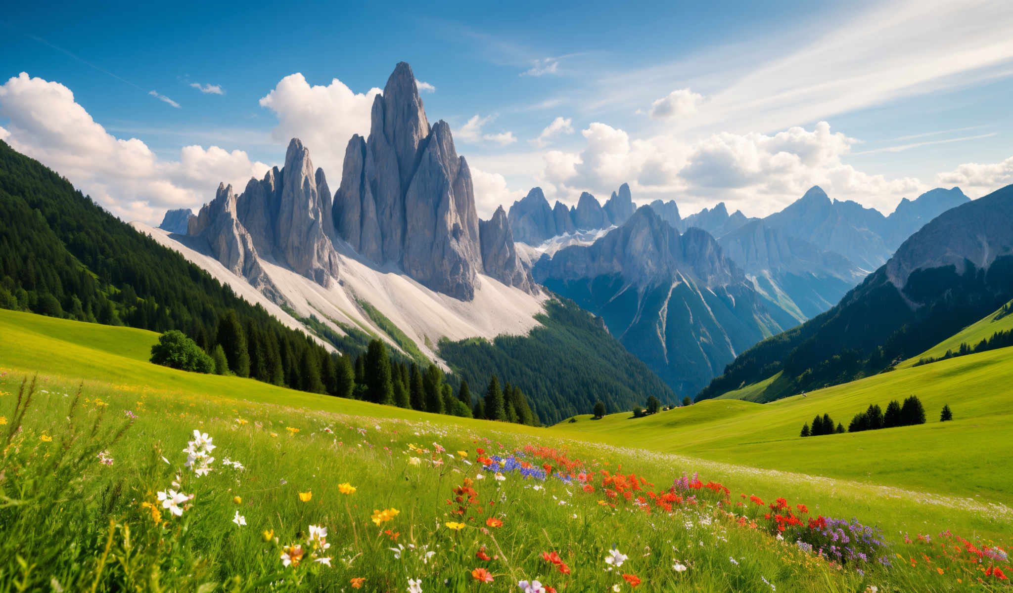 A picturesque scene of a mountain range with a valley in the foreground. The mountains are tall and jagged with a large peak on the left. The valley is lush and green dotted with wildflowers in a variety of colors. The sky above is a clear blue with fluffy white clouds scattered across it. The image captures the beauty and grandeur of nature with the mountains valley and sky each contributing to the overall scene. The wildflowers add a touch of color and life to the green valley while the blue sky and white clouds provide a serene backdrop. The large peak of the mountain range stands out prominently drawing the viewer's eye. The jagged edges of the mountains contrast with the smooth rounded shapes of the clouds. Overall the image is a stunning representation of the natural world.