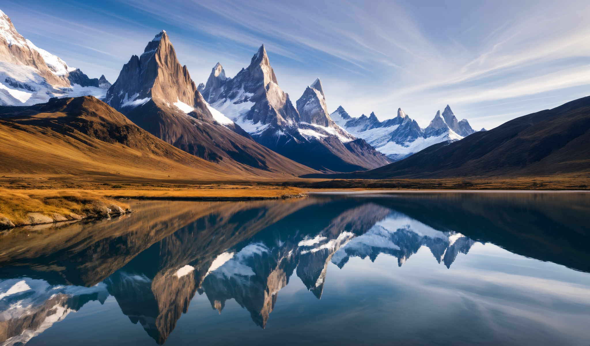 A serene landscape of snow covered mountains and a lake.