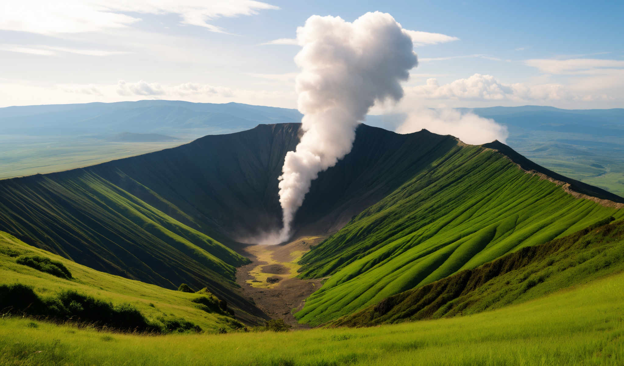 A large plume of white smoke rises from a mountainous landscape.