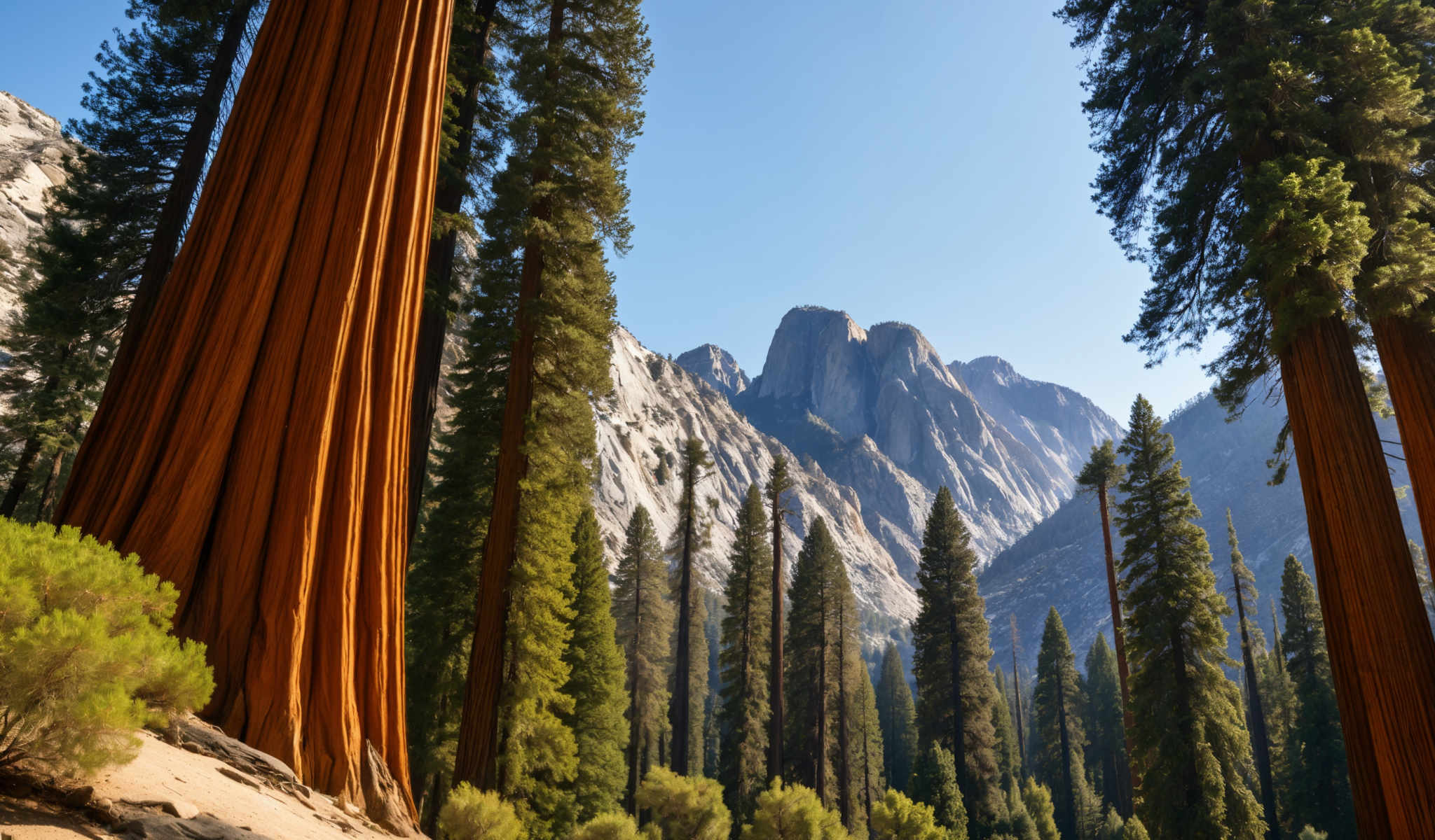 A forest of tall trees with a mountain in the background.