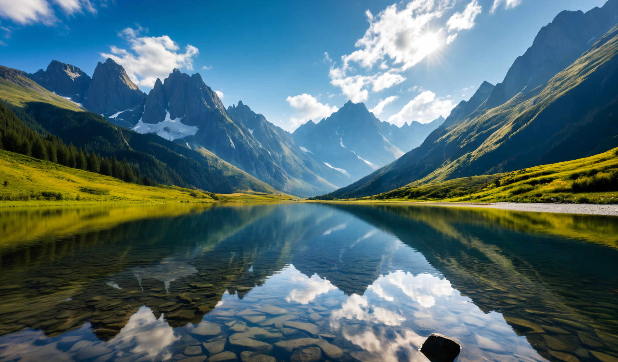 A serene mountain landscape with a lake in the foreground. The mountains are covered in snow and the sky is a clear blue. The lake is calm and still reflecting the surrounding scenery. The image is taken from a low angle giving a sense of scale and grandeur to the mountains. The colors in the image are vibrant with the blue of the sky and lake contrasting with the green of the mountains and the white of the snow. The perspective of the photo suggests that it was taken by someone standing on the shore of the lake looking out towards the mountains.

The image does not contain any text or man-made objects and there are no people or animals visible. The focus is solely on the natural beauty of the landscape. The photo appears to have been taken during the day as the lighting is bright and clear. The overall composition of the photograph suggests a peaceful and tranquil setting with a sense that the viewer is standing at the edge of the world looking into the vastness of nature. The absence of any other elements in the photo allows the viewer to fully appreciate the majesty of the mountain range and the tranquility of the scene.