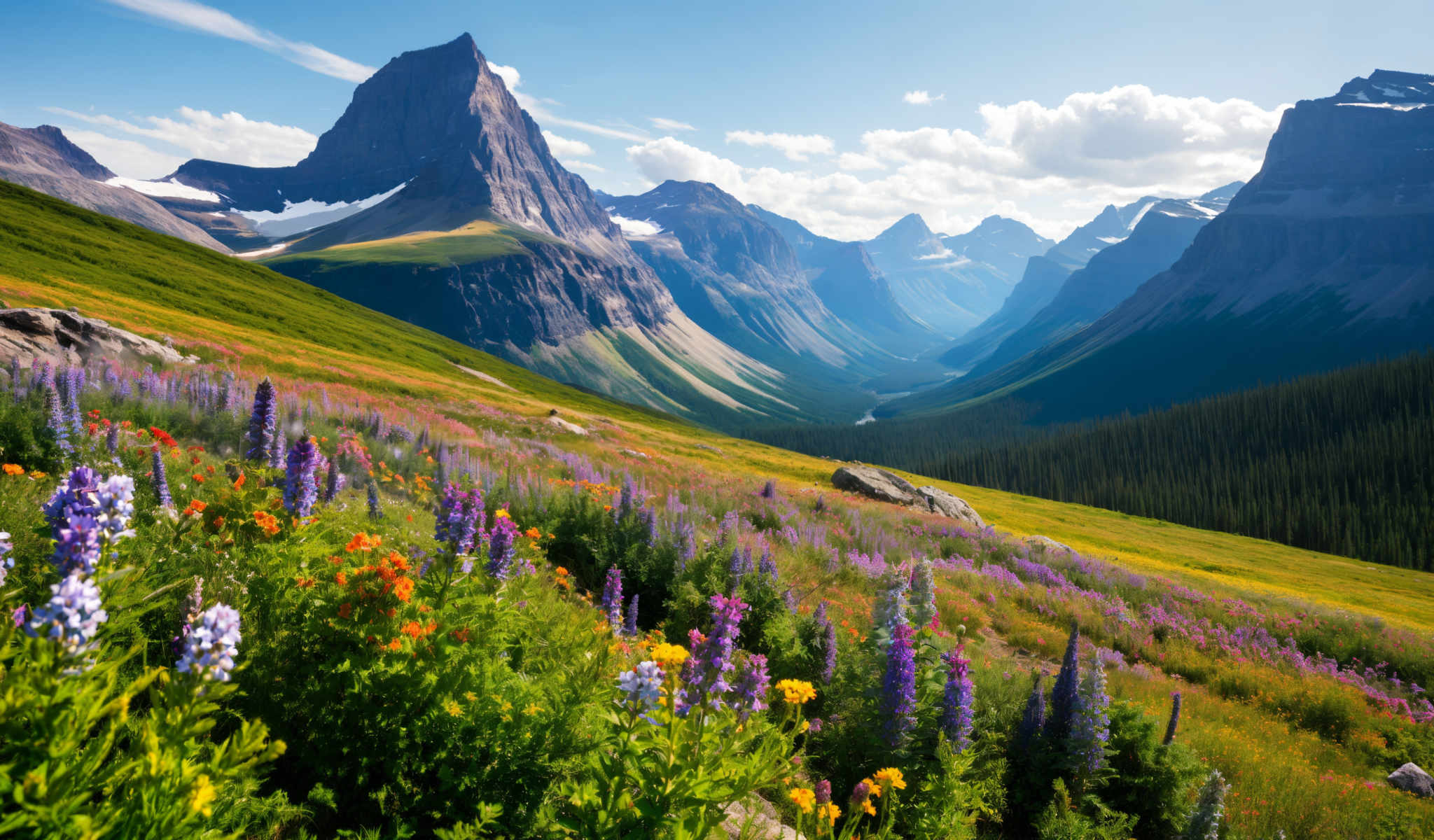 A beautiful mountain range with a valley in the middle. The mountains are covered in snow and the valley is filled with wildflowers. The sky is blue and the sun is shining brightly.