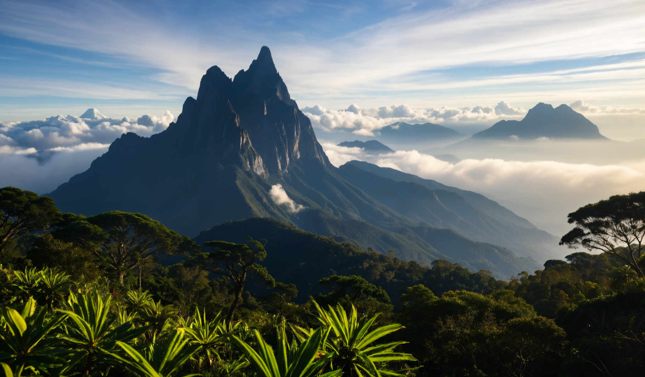 A breathtaking view of a mountain range with a large peak in the center. The mountains are covered in lush green vegetation and the sky is a clear blue with fluffy white clouds scattered across it. The image is taken from a high vantage point providing a panoramic view of the landscape below. The colors in the image are vibrant and the lighting is bright highlighting the natural beauty of the scene. The mountain range appears to be in a tropical or subtropical region as evidenced by the dense vegetation. The sky is clear and blue suggesting a calm and sunny day. The overall mood of the photo is peaceful and serene capturing the tranquility of nature.