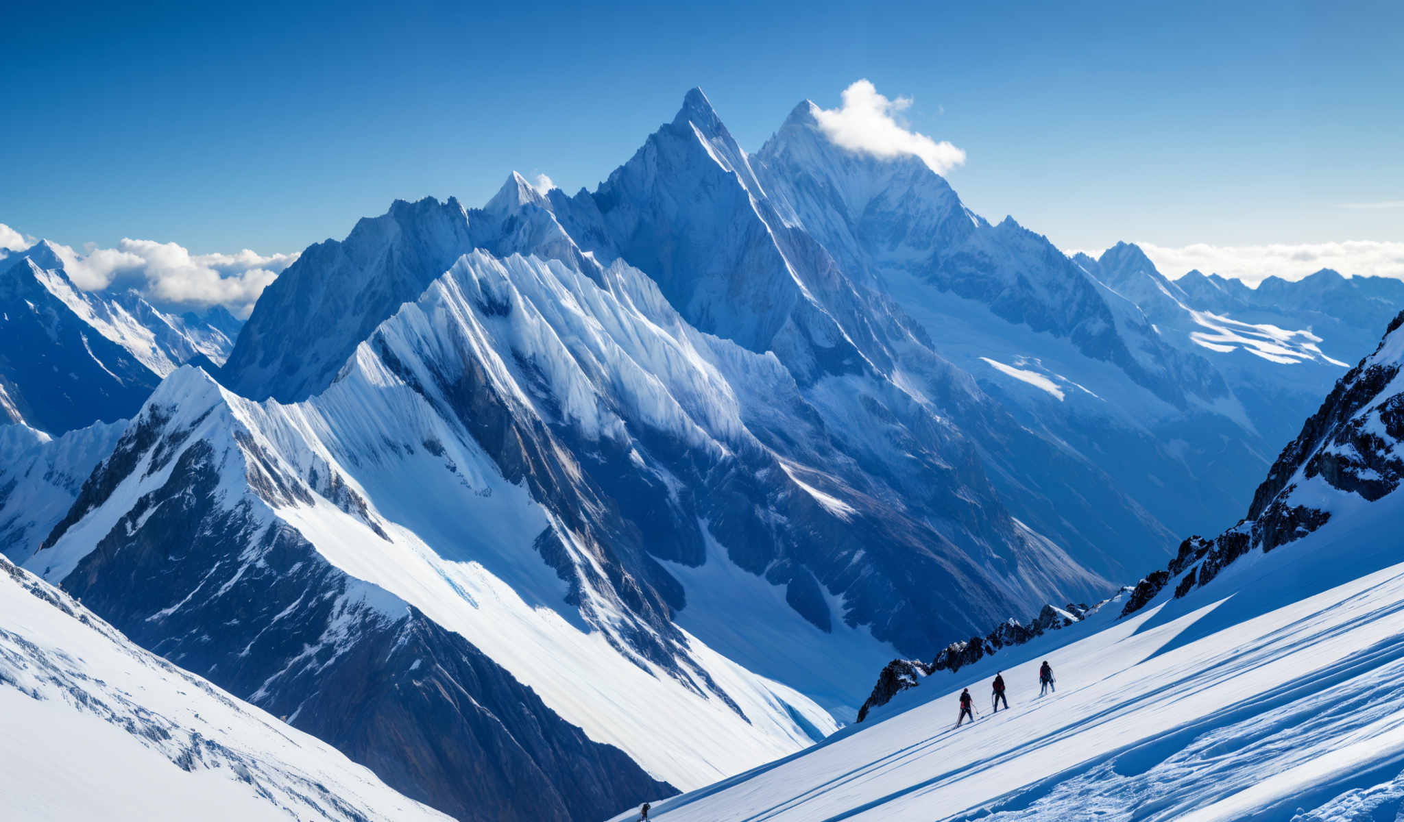 A group of people are skiing down a snowy mountain.