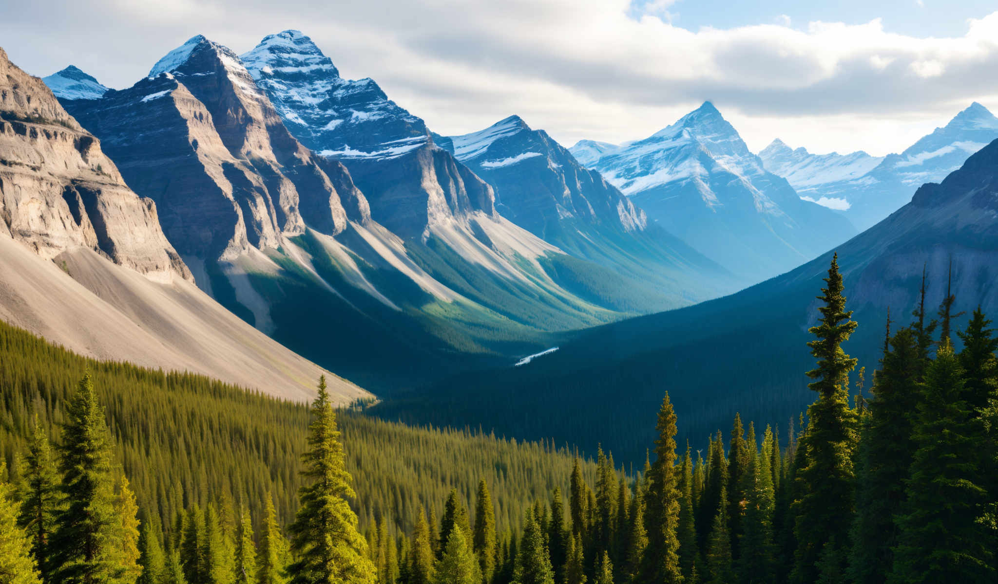 A breathtaking view of a mountain range with a valley in the middle. The mountains are covered in snow and the valley is lush with green trees. The sky is a clear blue with a few clouds scattered across it. The image is taken from a high vantage point giving a panoramic view of the landscape. The colors in the image are vibrant with the green of the trees contrasting beautifully with the blue of the sky and the white of the snow. The perspective of the photo gives a sense of depth and scale emphasizing the grandeur of the natural landscape.