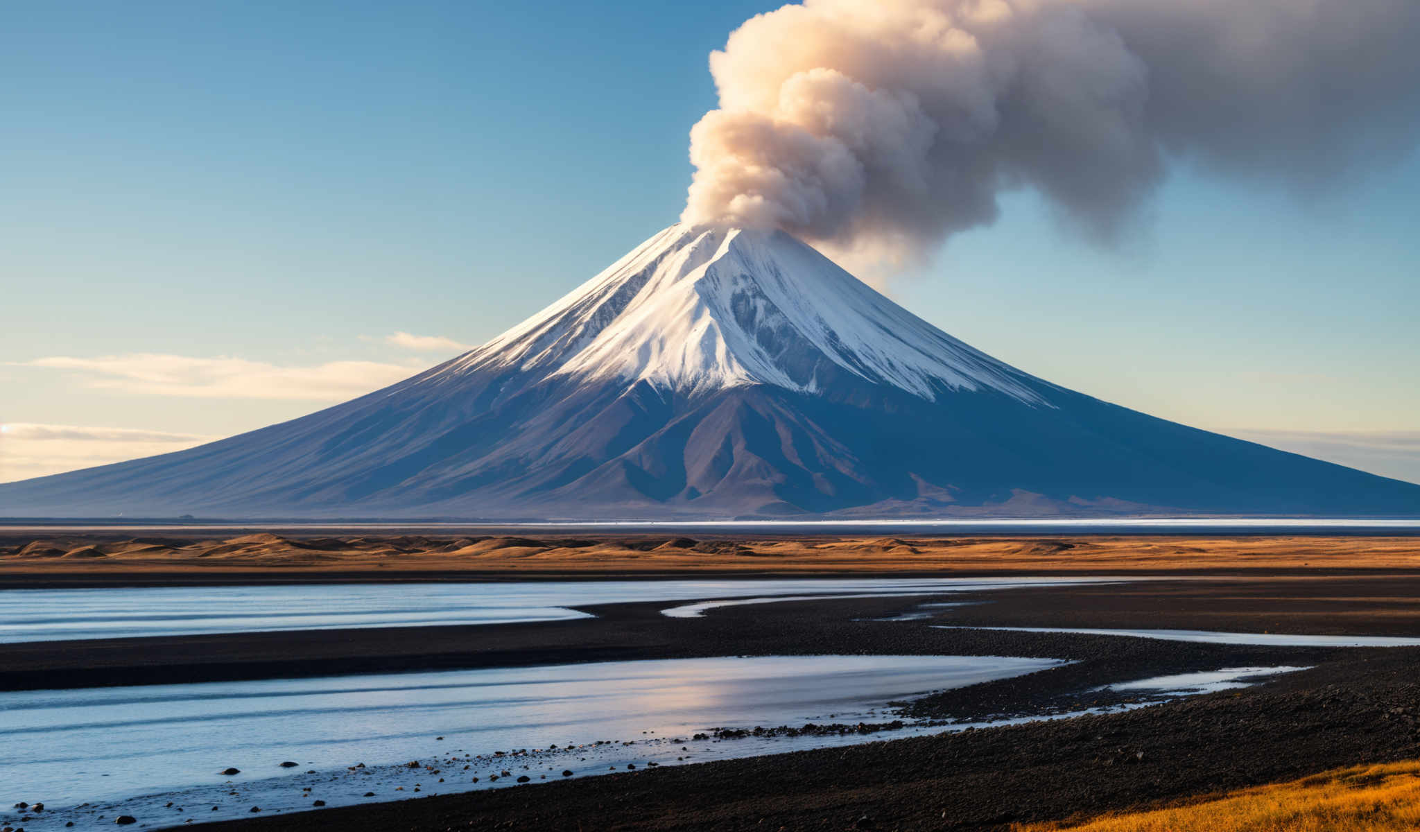 A large snow covered mountain with a plume of smoke coming from it.