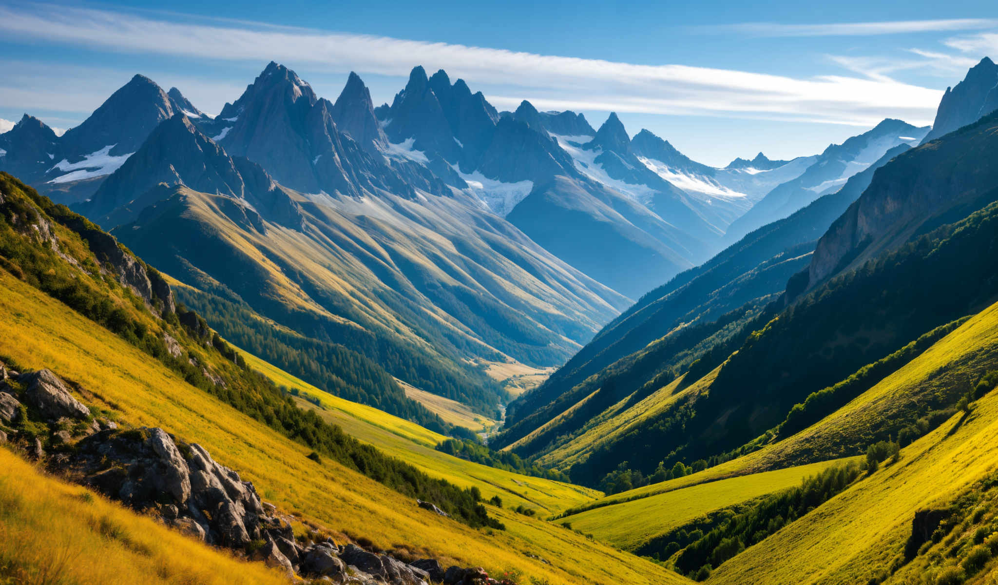 A breathtaking view of a mountain range with a valley in the foreground. The mountains are covered in snow and the valley is lush with green grass. The sky is a clear blue and the sun is shining brightly. The image captures the beauty and majesty of nature.