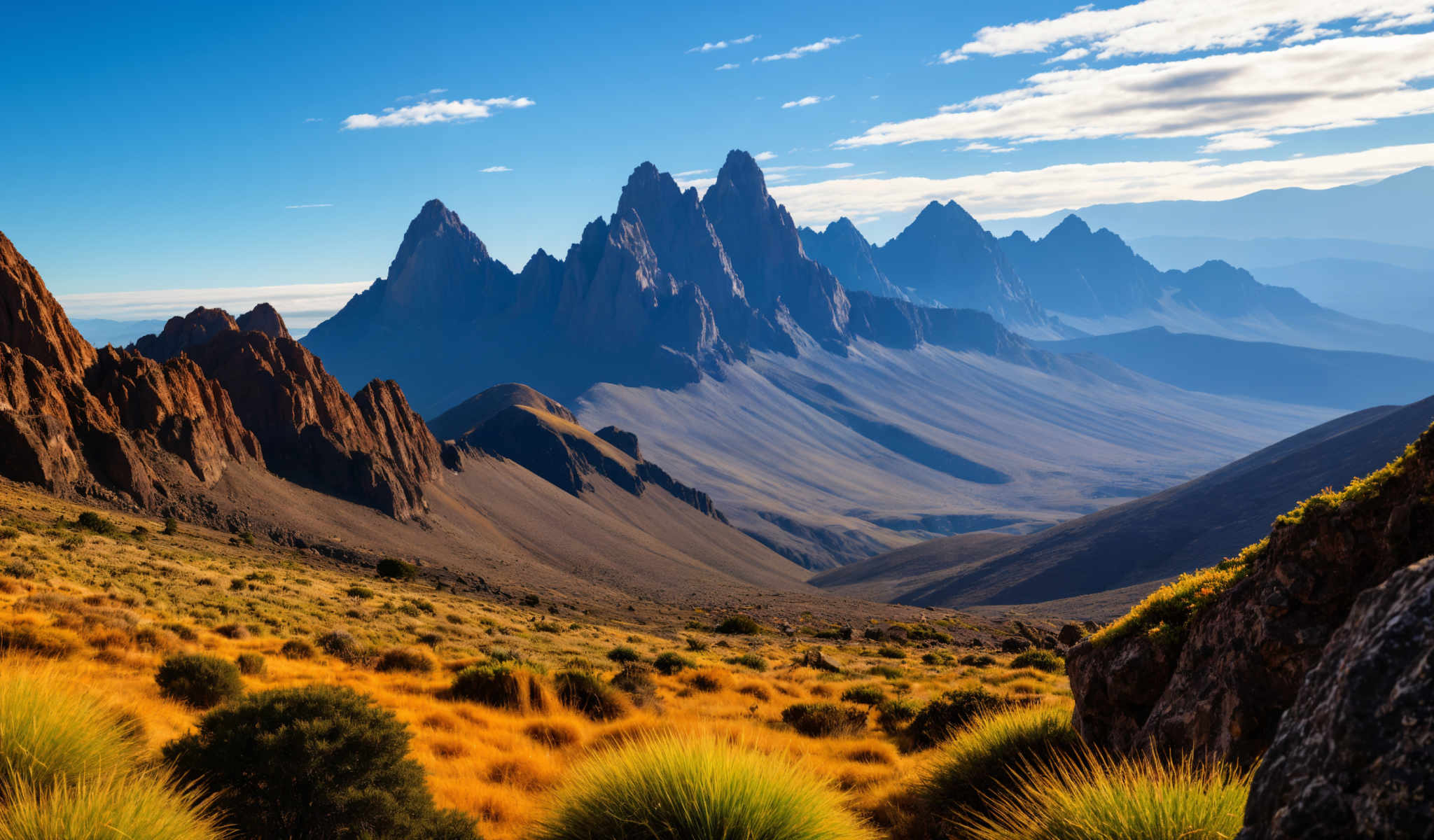 The image captures a breathtaking view of a mountain range. The mountains with their jagged peaks are a deep blue color standing tall against the sky. The foreground is dominated by a field of tall grass a vibrant mix of orange and yellow hues. The grass appears to be swaying gently adding a sense of movement to the scene. The sky above is a clear blue with a few clouds scattered across it adding depth to the image.

The mountains are located in the background their peaks reaching up towards the sky creating a sense or scale and grandeur. The field of grass with its bright colors is in the foreground drawing the viewer's eye into the image and creating a contrast with the cool blue of the mountains and sky.

The image does not contain any text or human-made objects giving it a natural and untouched feel. The relative positions of the objects - the grass in the front the mountains in the back - create a sense depth and perspective making the image more three-dimensional.

Overall the image is a beautiful representation of nature's grandeur with the mountains grass and sky each playing a part in creating a serene and awe-inspiring scene.