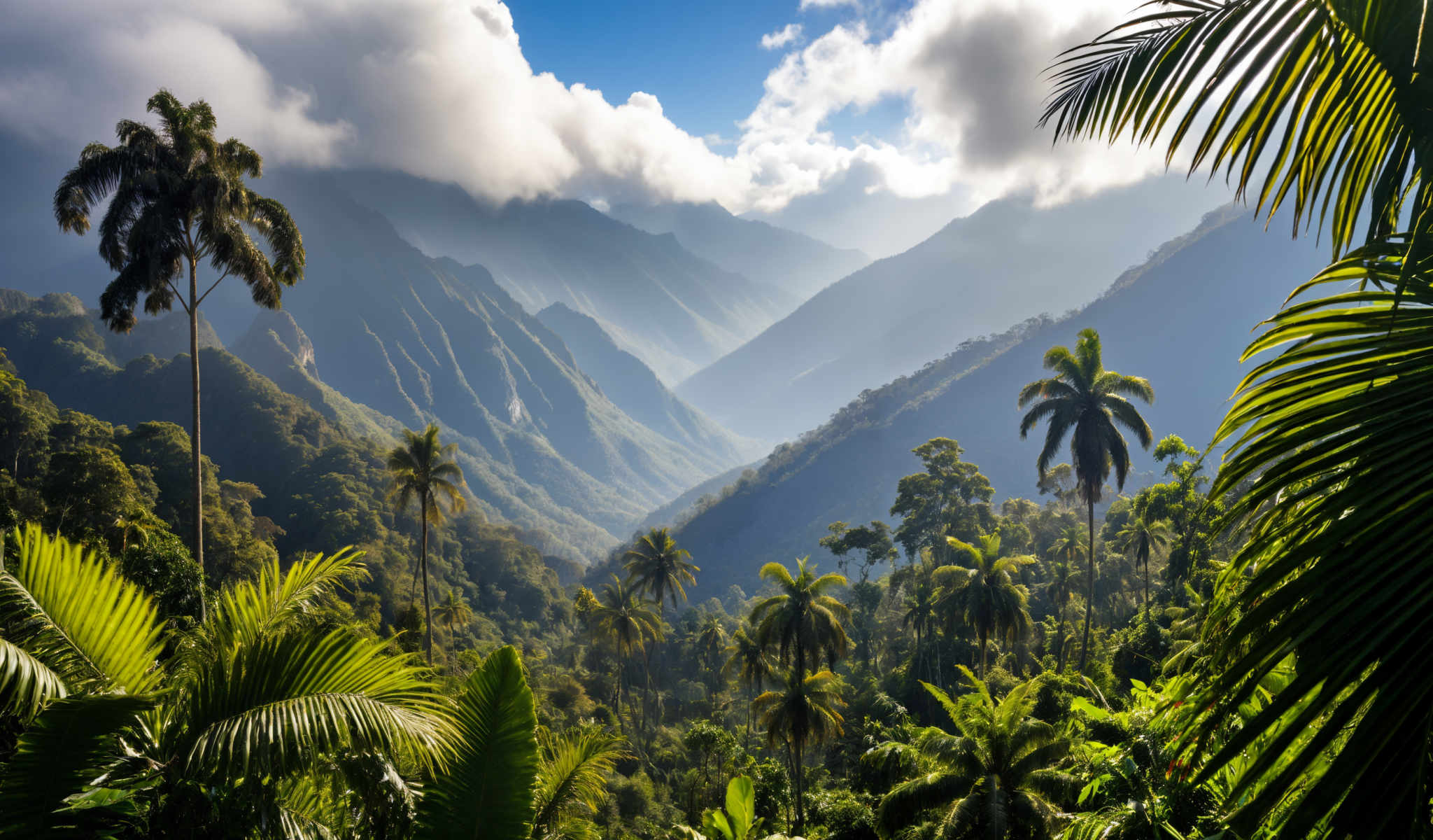 A beautiful view of a mountain range with a blue sky and fluffy white clouds. The mountains are covered in lush green vegetation.