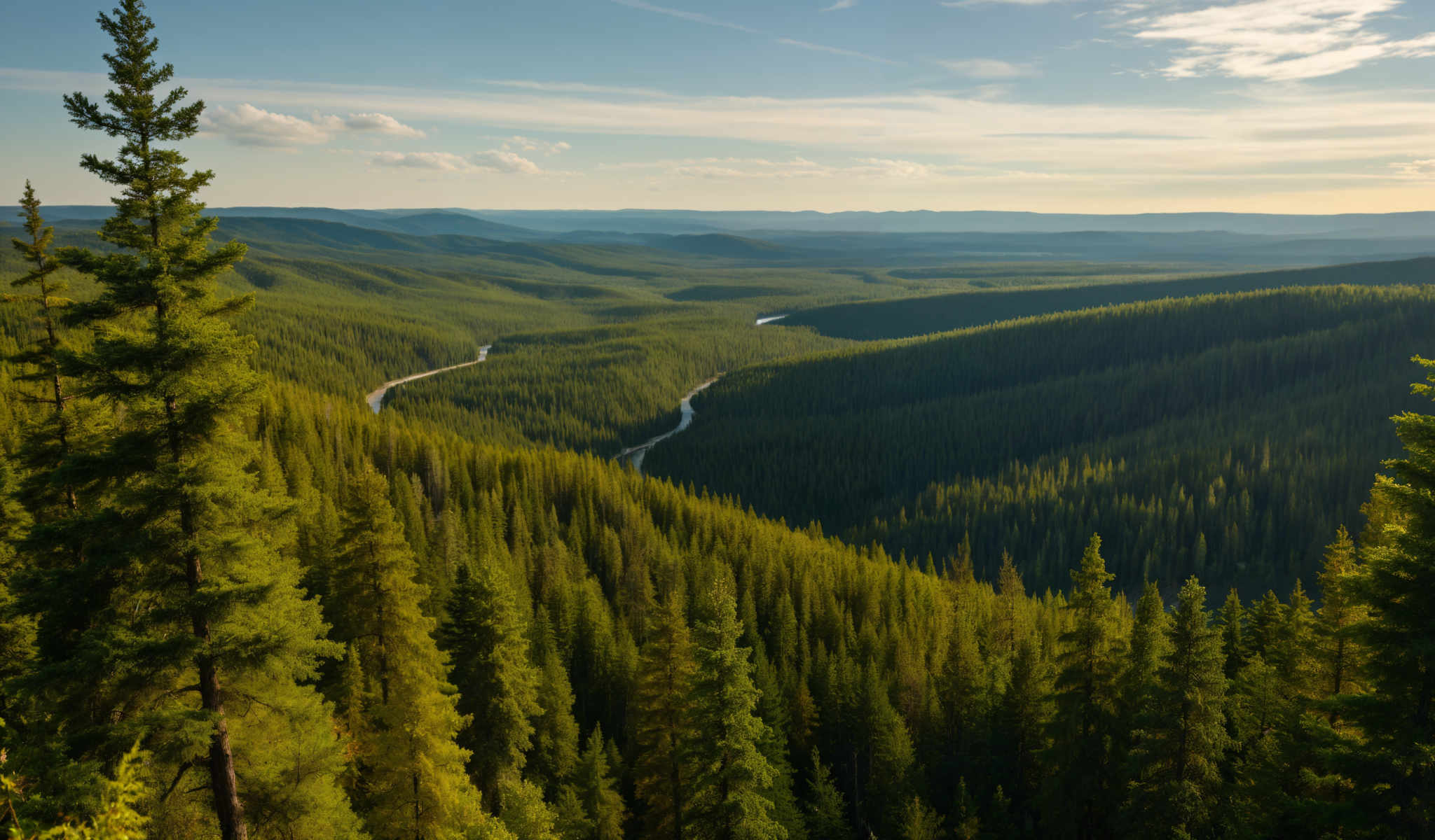 A beautiful forest with a winding river through it. The river is surrounded by lush green trees and mountains in the background. The sky is clear and blue adding to the serene atmosphere. The image captures the beauty of nature in its purest form.