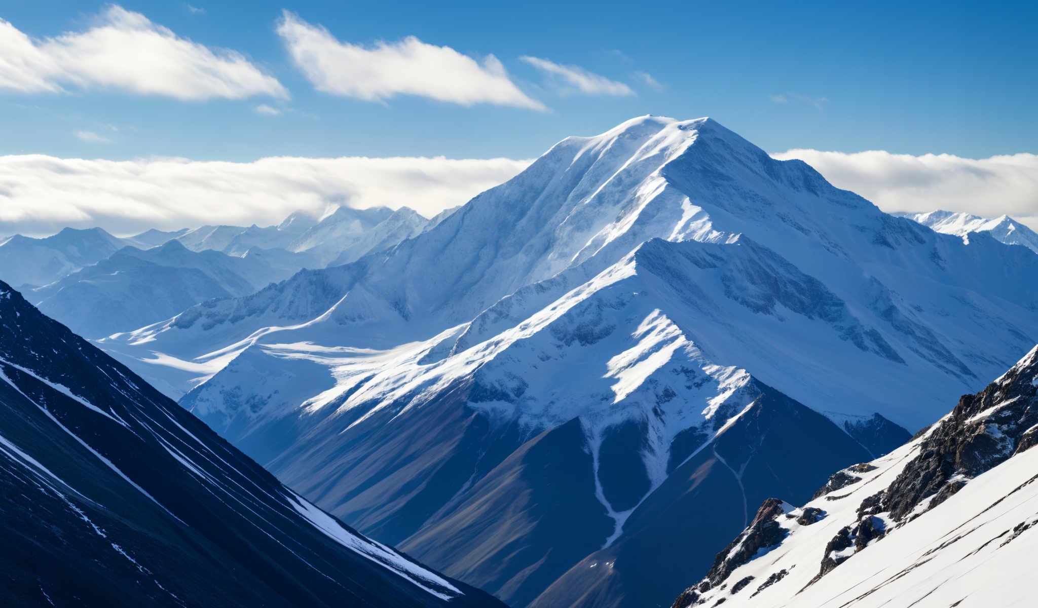 A majestic mountain range with snow covered peaks under a clear blue sky.