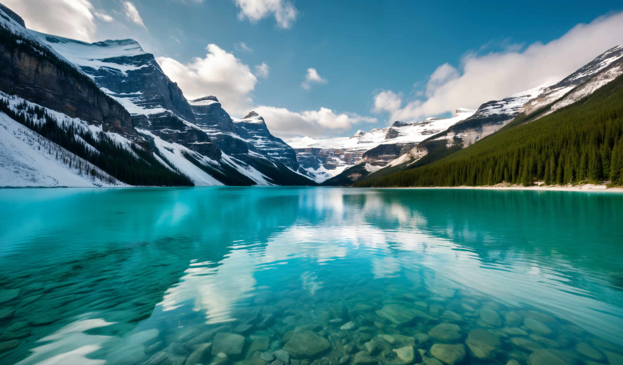 A serene lake surrounded by mountains with a clear blue sky overhead.