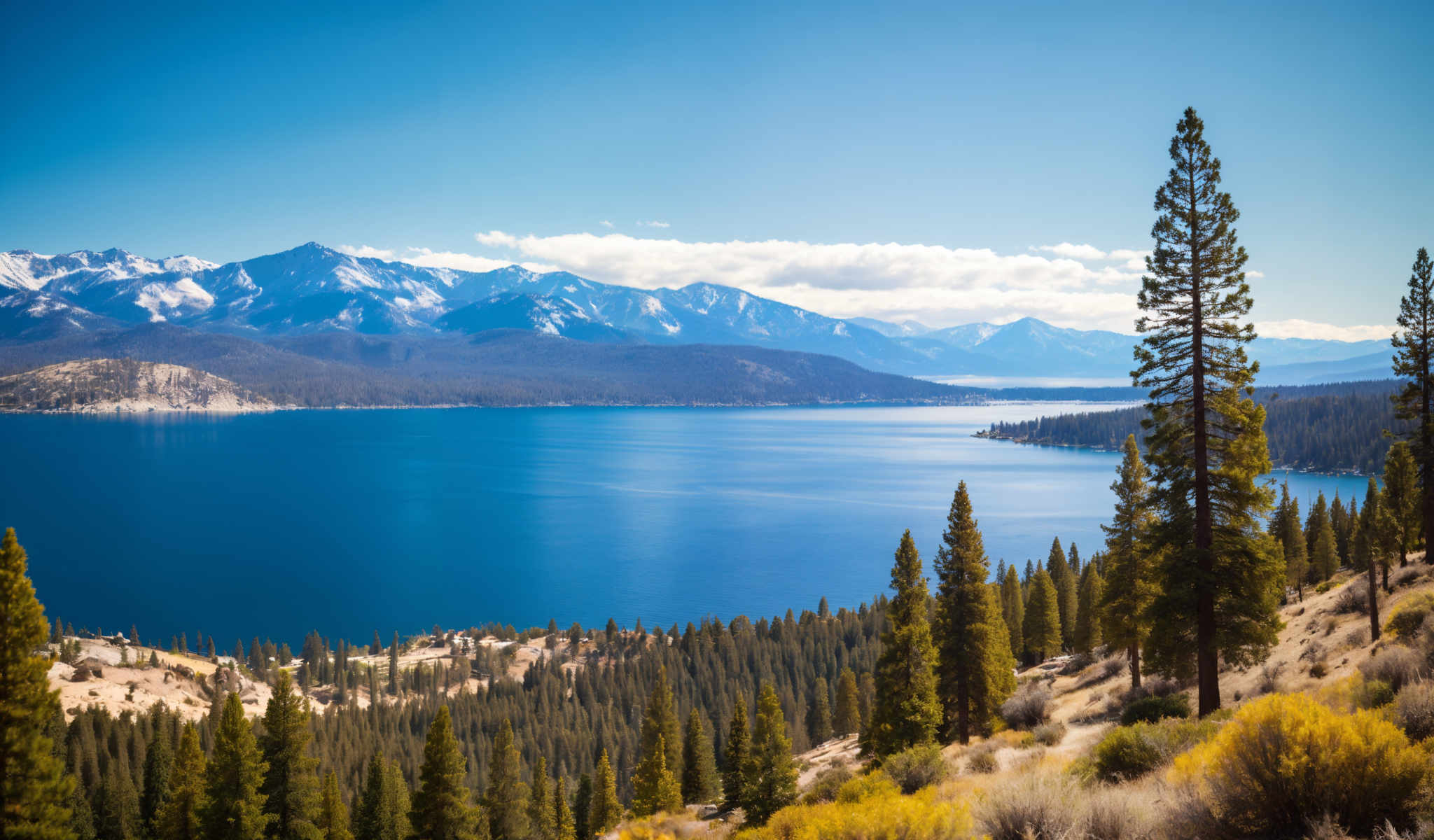 A serene landscape of a mountain range with a deep blue lake in the foreground. The mountains are covered in snow and the sky is a clear blue. The lake is surrounded by trees and shrubs adding a touch of green to the scene. The perspective is from a high vantage point looking down on the lake and mountains. The colors in the image are vibrant with the blue of the lake contrasting with the green of the trees and the white of the snow-covered mountains. This image captures the beauty and tranquility of nature.