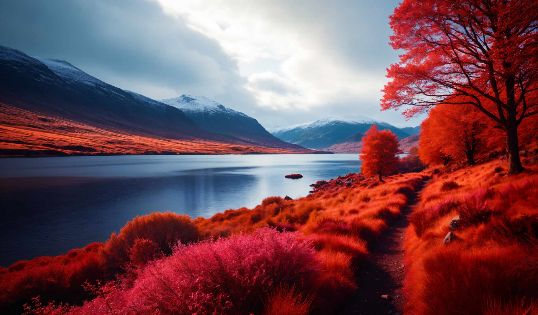 A serene landscape with a lake mountains and trees. The lake is surrounded by mountains and is filled with water. The mountains are covered in snow and the trees are red. The sky is blue and cloudy. The photo is taken from a high angle looking down on the lake. The colors are vibrant with the red of the trees contrasting against the blue of the sky and the green of the mountains. The image is a beautiful representation of nature's tranquility and grandeur.