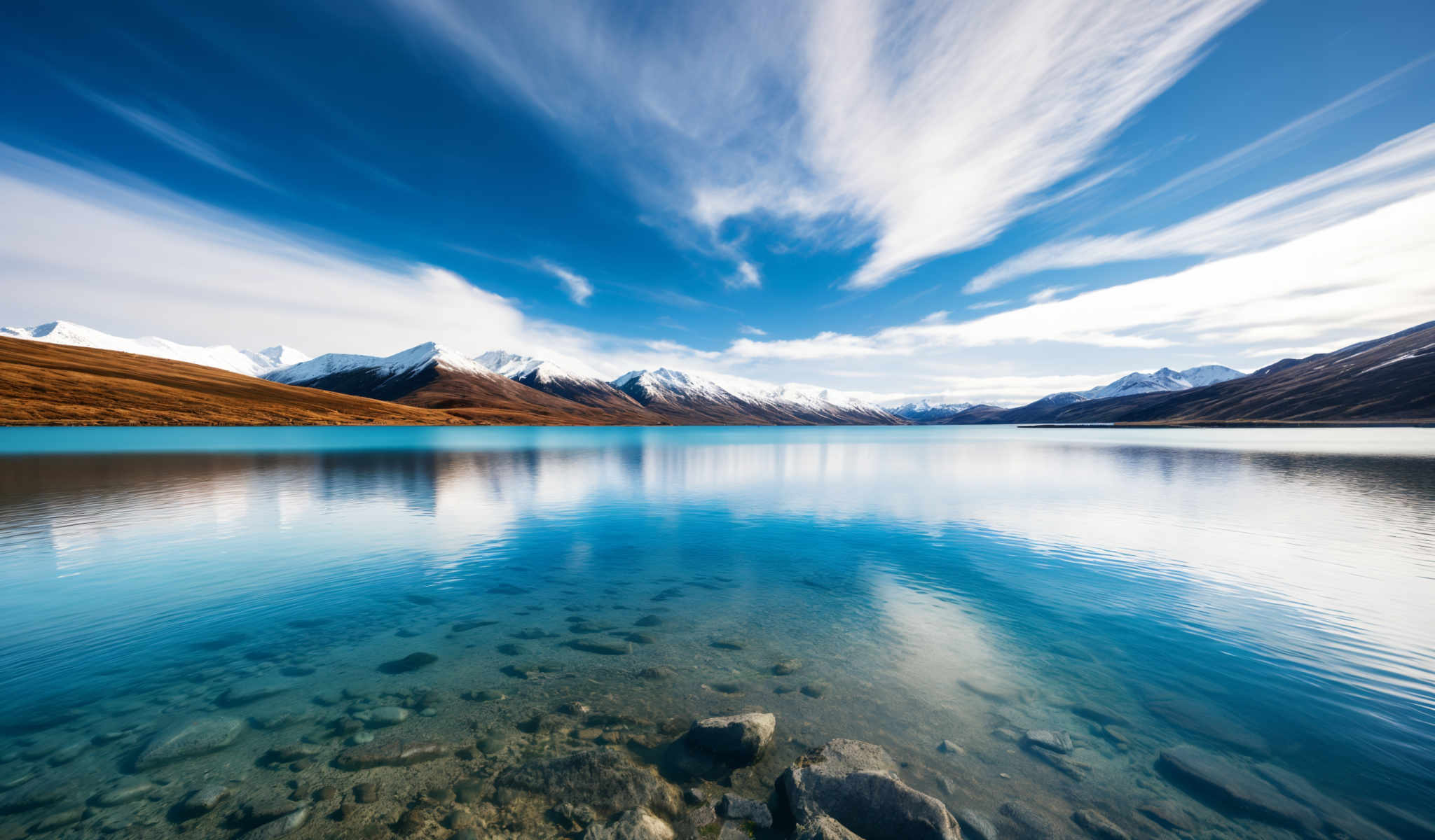 A serene lake with mountains in the background. The lake is surrounded by rocks and the water is a beautiful blue color. The mountains are covered in snow and are a light brown color. Above the sky is a clear blue with white clouds scattered across it. The image captures the beauty of nature and the tranquility of the scene.