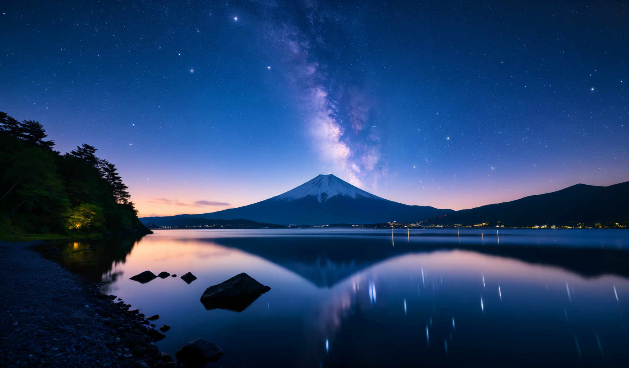 A serene night scene with a mountain in the background. The mountain is covered in snow and is illuminated by a full moon. The sky is a deep blue and is dotted with stars. In the foreground there is a body of water with a few rocks visible. The water is calm and mirrors the sky and mountain. The image is taken from a low angle looking up at the mountain.