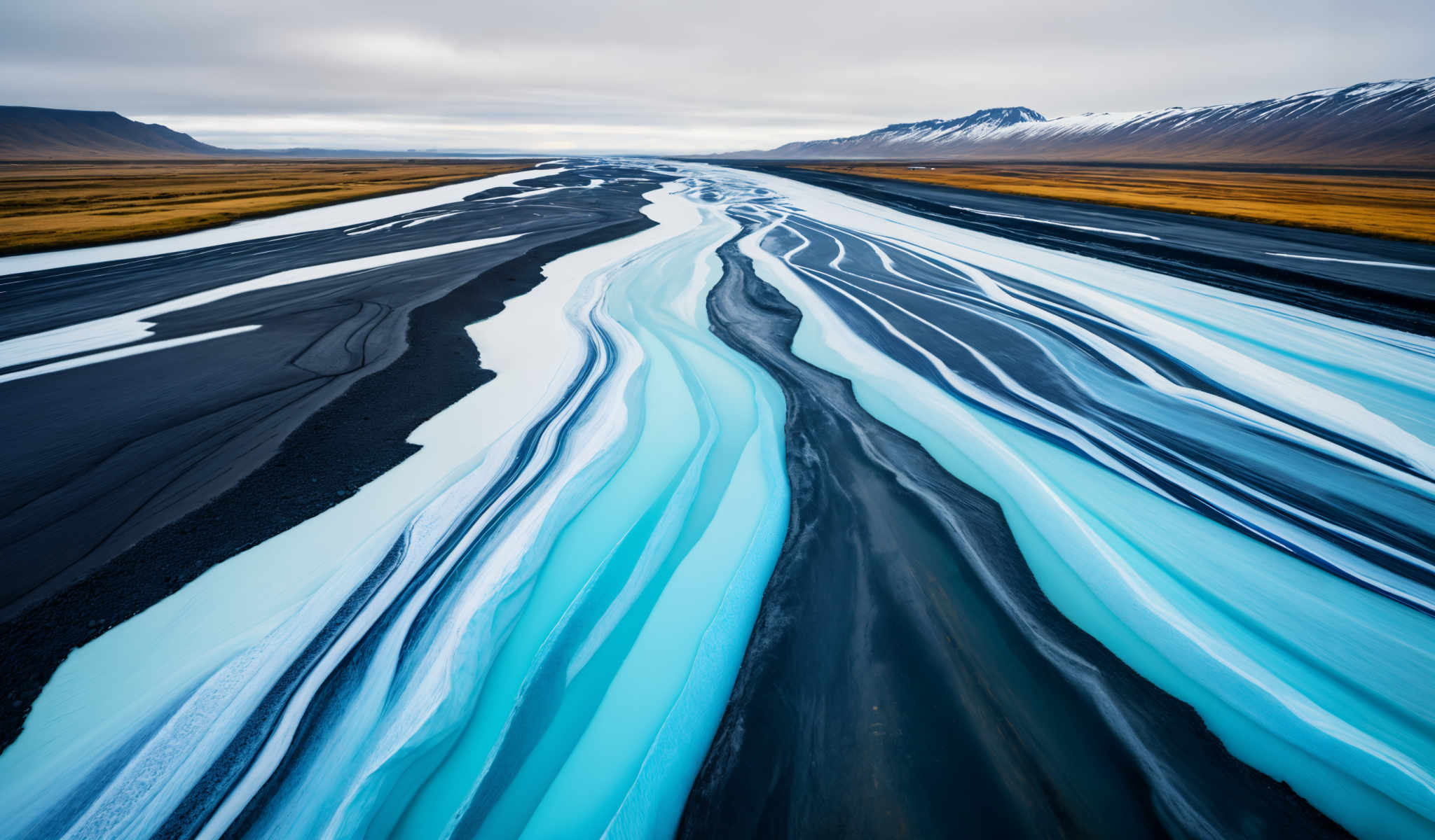 A river with blue and white water flowing through a mountainous landscape.