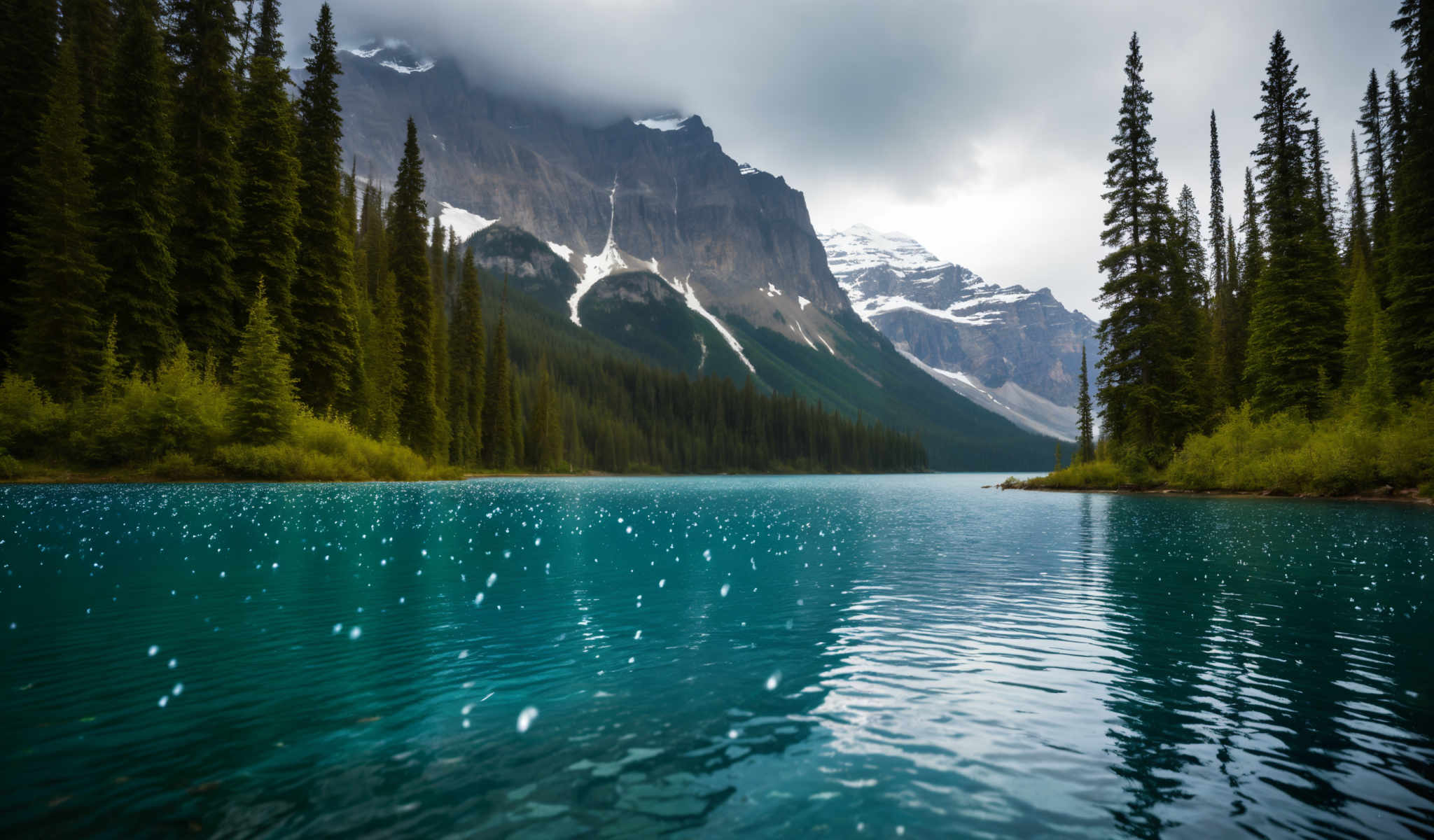 A serene mountain lake with snow covered mountains in the background.