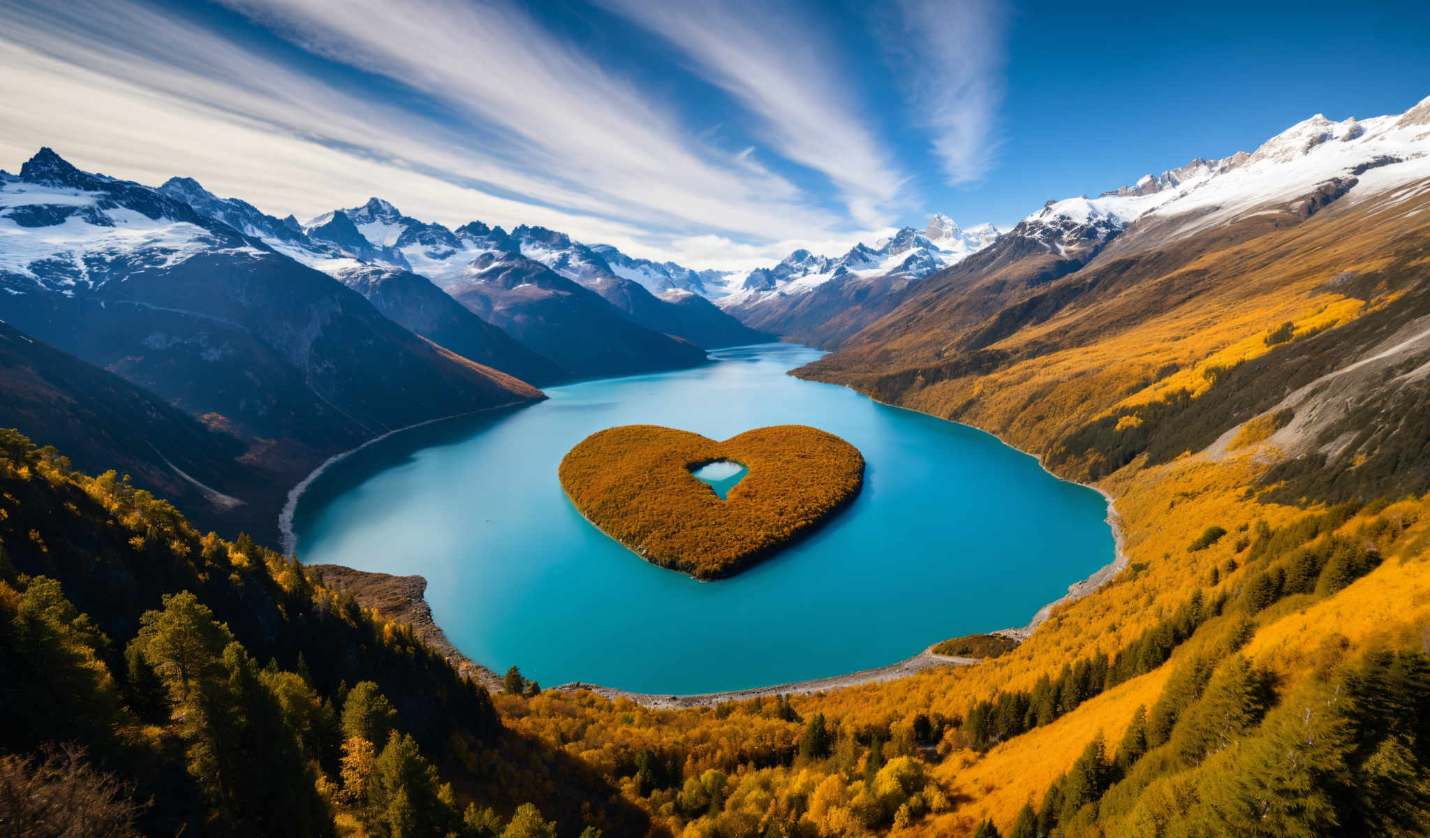 A beautiful mountain lake with a heart shaped island in the center.