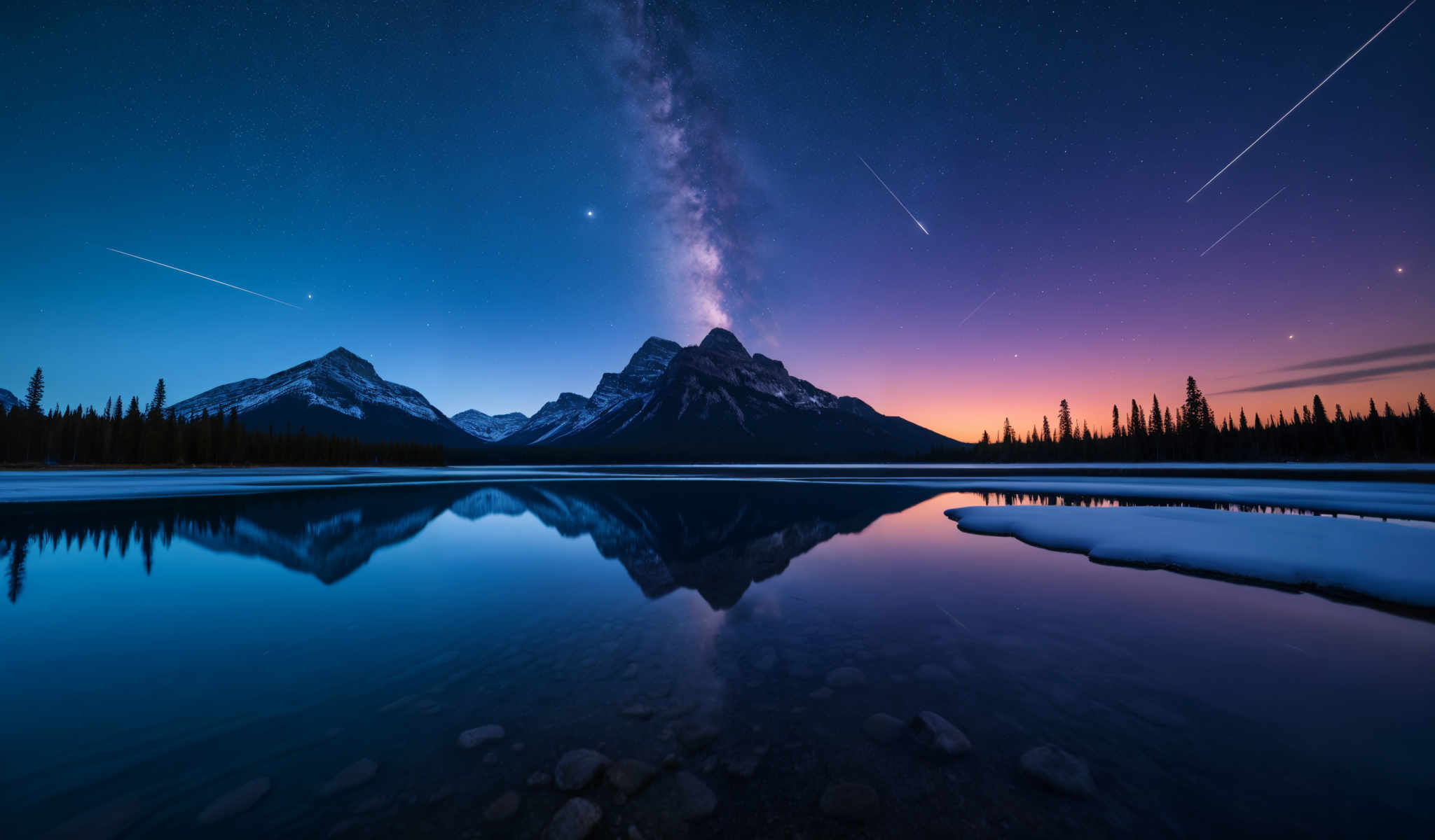 A serene mountain landscape with a lake in the foreground and a shooting star streaking across the sky.