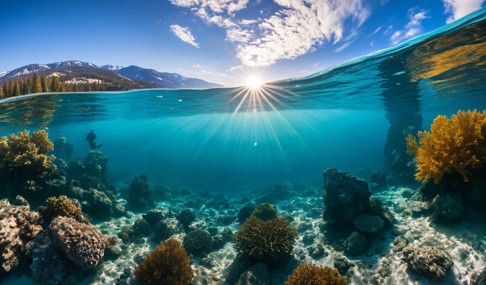 A beautiful underwater scene with a bright sun shining through the water.