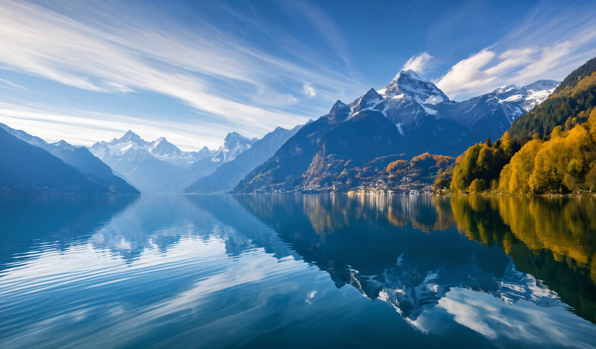 A serene mountain landscape with a lake in the foreground. The mountains are covered in snow and the sky is a clear blue. The lake is calm and still reflecting the surrounding scenery. The image is taken from a low angle giving a sense of grandeur to the mountains. The colors in the image are vibrant with the blue of the sky and lake contrasting with the white of the snow-covered mountains. There are no people or man-made structures in the photo giving it a sense tranquility and untouched beauty. The photo captures the majesty of nature in its purest form.