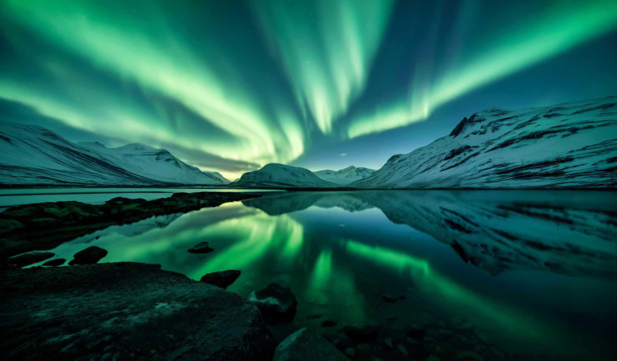 A serene scene of a lake with a mountain range in the background. The lake is calm and still reflecting the bright green lights of the Aurora Borealis. The mountains are covered in snow adding a sense of tranquility to the scene. The sky is clear and blue providing a beautiful contrast to the green lights. The image captures the beauty of nature and the majesty of the natural world.