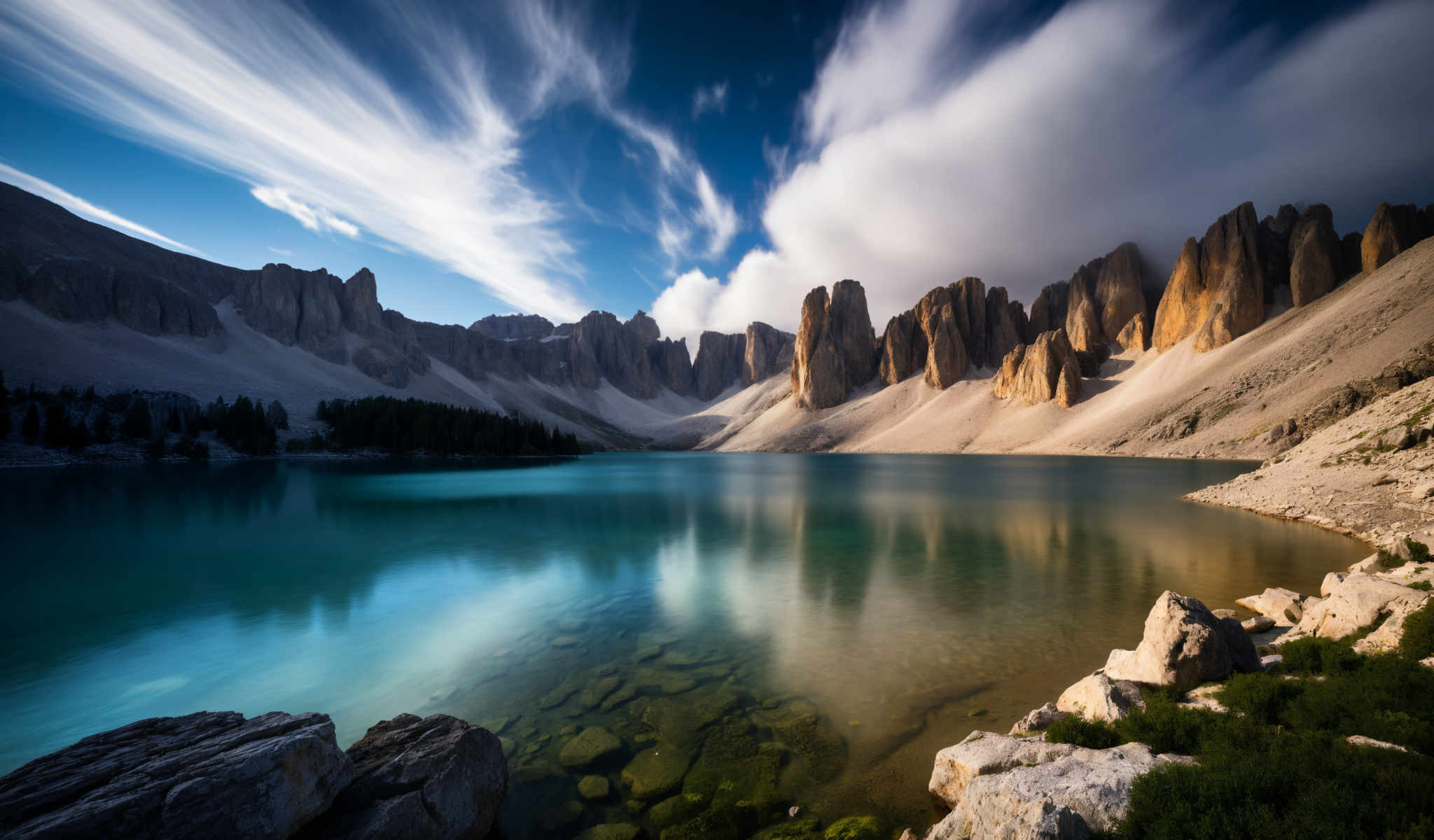 A serene lake surrounded by mountains. The lake is a beautiful shade of blue reflecting the sky above. The mountains jagged and rocky are a light brown color standing tall in the background. The sky is a clear blue with a few clouds scattered across it. The image captures the beauty of nature in its raw form.