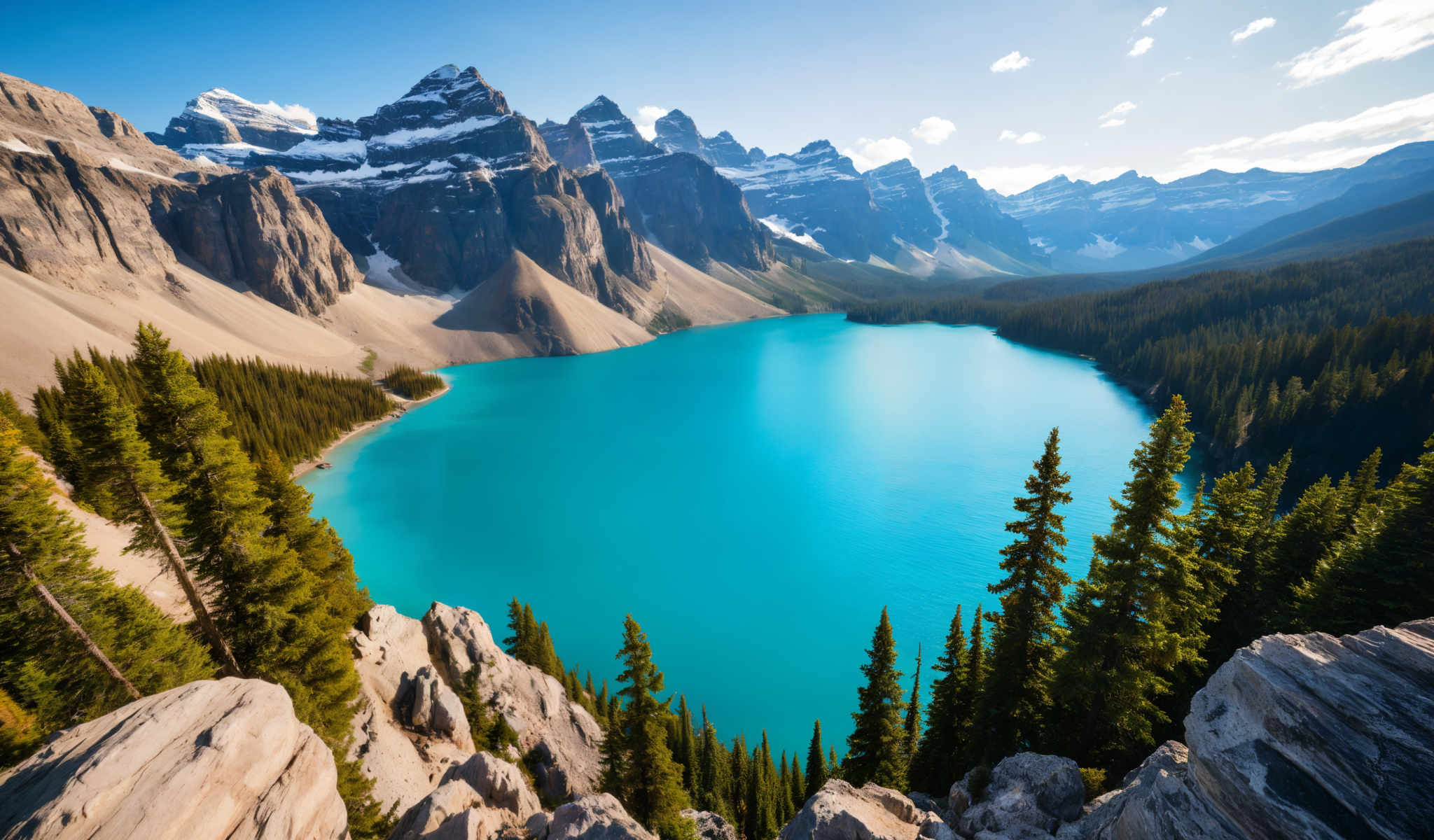 A serene mountainous landscape with a turquoise lake at its heart. The lake is surrounded by towering mountains their peaks dusted with snow. The mountains are densely covered in trees their green foliage contrasting with the blue of the lake. The sky above is a clear blue with a few clouds scattered across it. The image is taken from a high vantage point providing a panoramic view of the landscape. The colors in the image are vibrant with the turquoise of the water the green of the trees and the blue and white of the mountains and sky creating a visually striking scene. The overall mood of the photo is peaceful and serene inviting the viewer to imagine themselves in this tranquil setting.