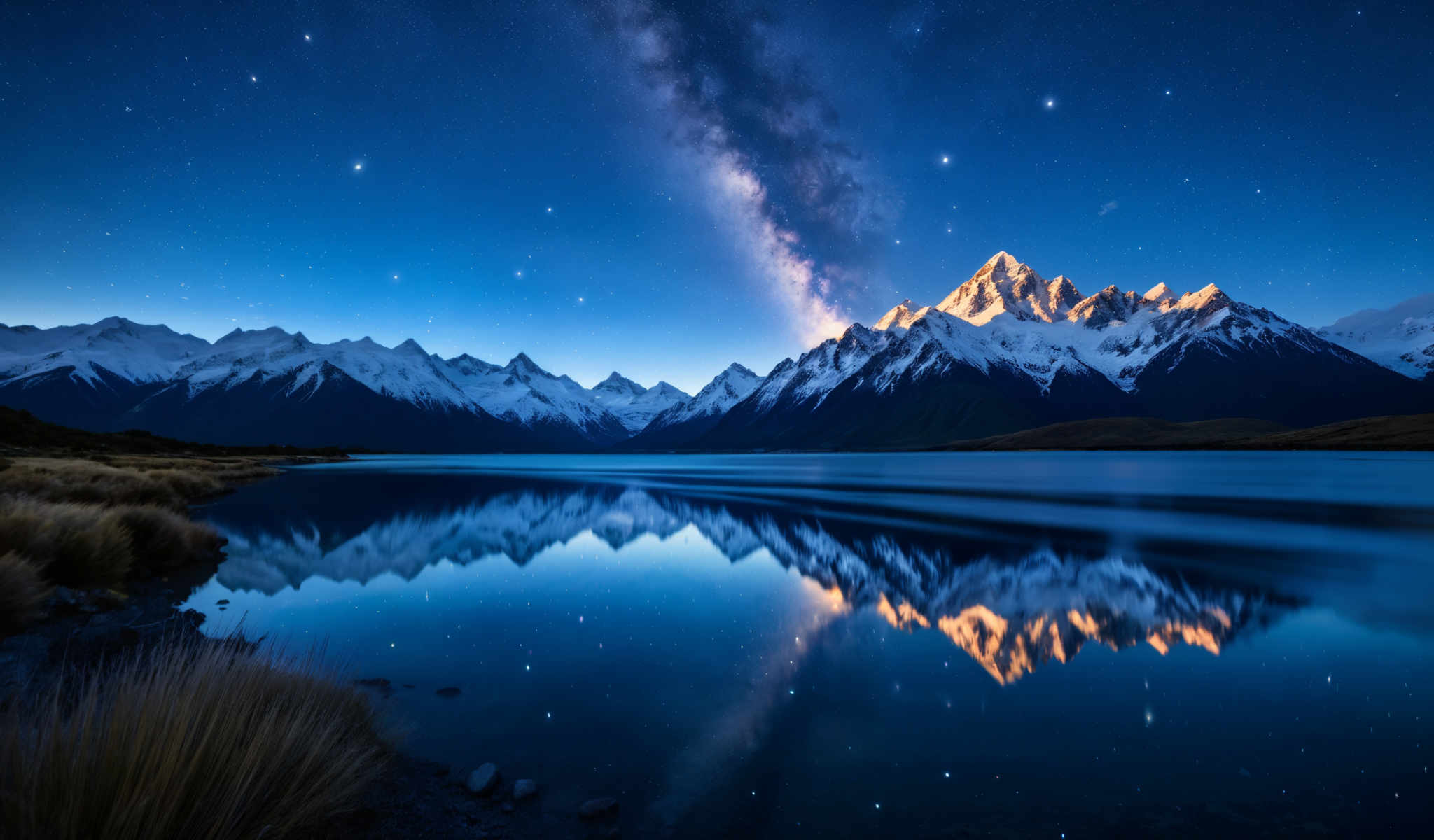 A serene mountain range with a lake in the foreground. The mountains are covered in snow and the sky is a deep blue with stars. The sun is shining brightly on the mountains.