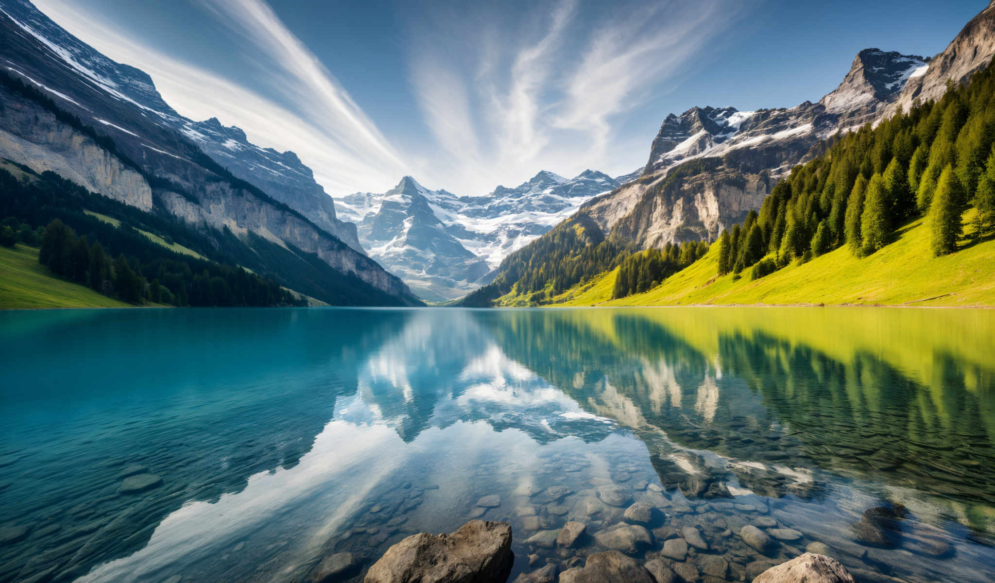 A serene mountain landscape with a lake in the foreground. The mountains are covered in snow and the lake is a beautiful blue color. The sky is clear and blue with a few clouds scattered across it. The image is taken from a low angle giving a sense of grandeur to the mountains. The lake is surrounded by green trees and rocks adding to the natural beauty of the scene. The colors in the image are vibrant and the lighting is bright making the scene appear peaceful and inviting.