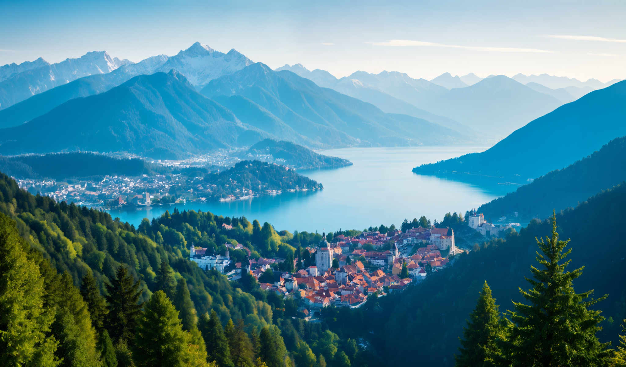 A picturesque town is nestled on the shore of a serene lake surrounded by lush greenery and majestic mountains. The town is a vibrant mix of red-roofed buildings with a church standing out prominently. The lake a deep blue mirrors the sky above and the mountains in the background add a sense of grandeur to the scene. The image captures the essence of a peaceful idyllic town living in harmony with nature.