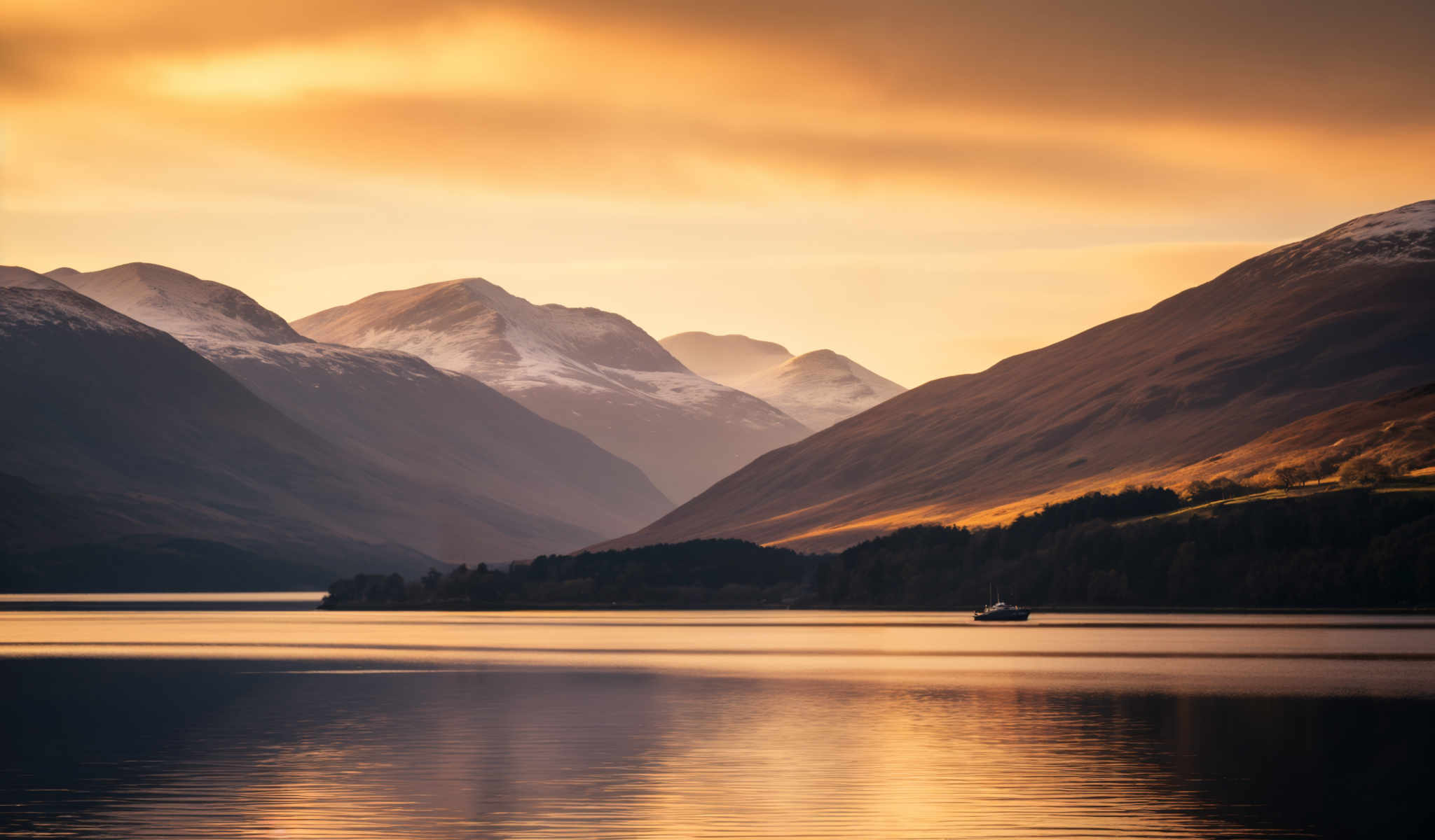 A serene scene of a mountain range with a lake in the foreground. The mountains are covered in snow and the sky is painted with hues of orange and yellow. A small boat is gently floating on the calm waters of the lake adding a sense of tranquility to the scene. The image captures the beauty of nature in its purest form with the mountains lake and sky each contributing to the overall picturesque view.