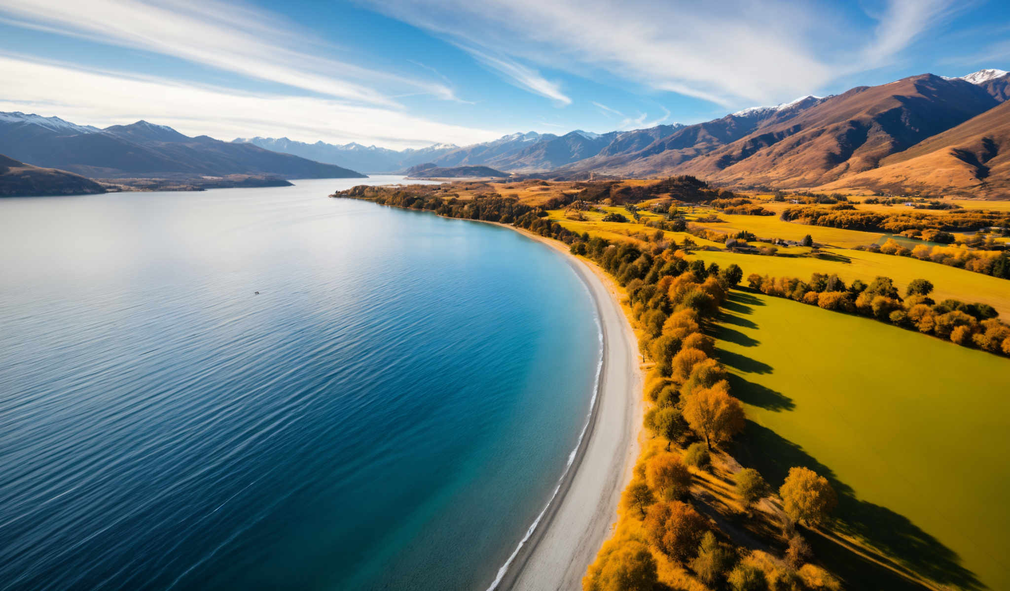 A serene landscape of a lake with mountains in the background. The lake is surrounded by trees and grass creating a beautiful and peaceful scene.