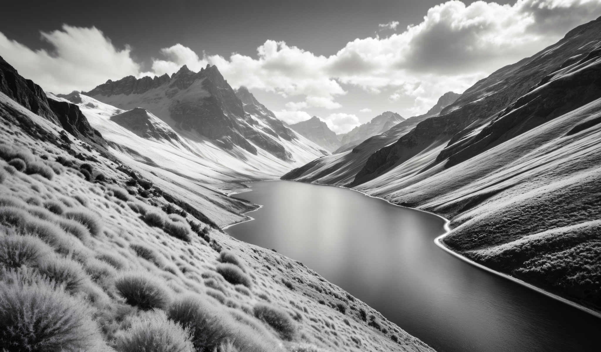 A serene mountain landscape with a deep blue lake in the center. The mountains are covered in snow and the sky is cloudy. The lake is surrounded by a rocky shore. The image is in black and white.