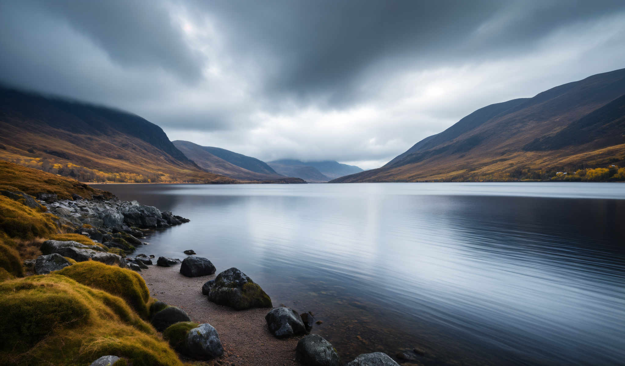 A serene lake surrounded by mountains and rocks.