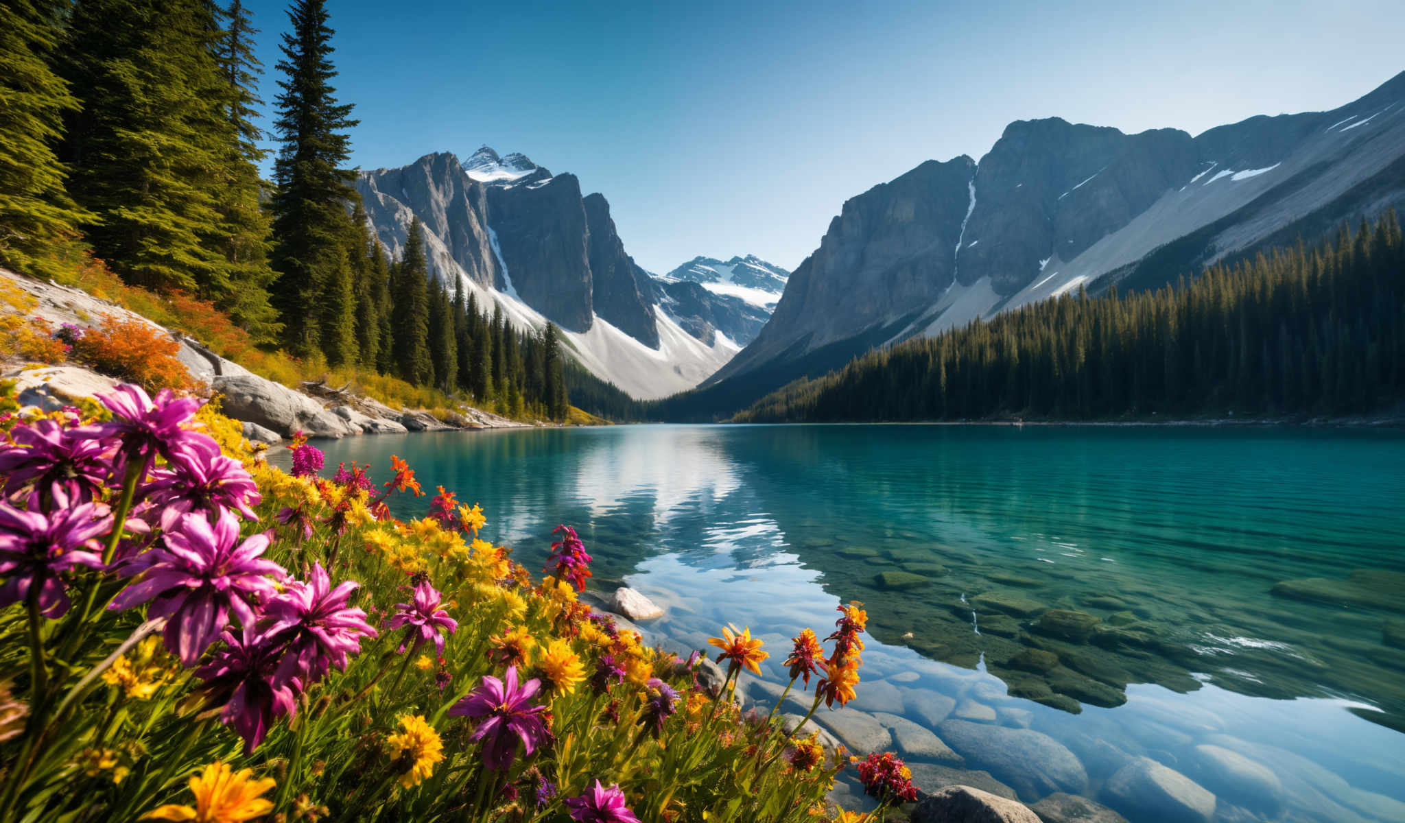 A serene mountainous landscape with a beautiful lake in the center. The lake is surrounded by mountains and is filled with clear blue water. The mountains are covered in snow and are a light gray color. The sky above is a light blue color. In the foreground there are flowers in various colors including pink yellow and orange. The flowers are located on the left side of the photo. The overall scene is peaceful and picturesque.