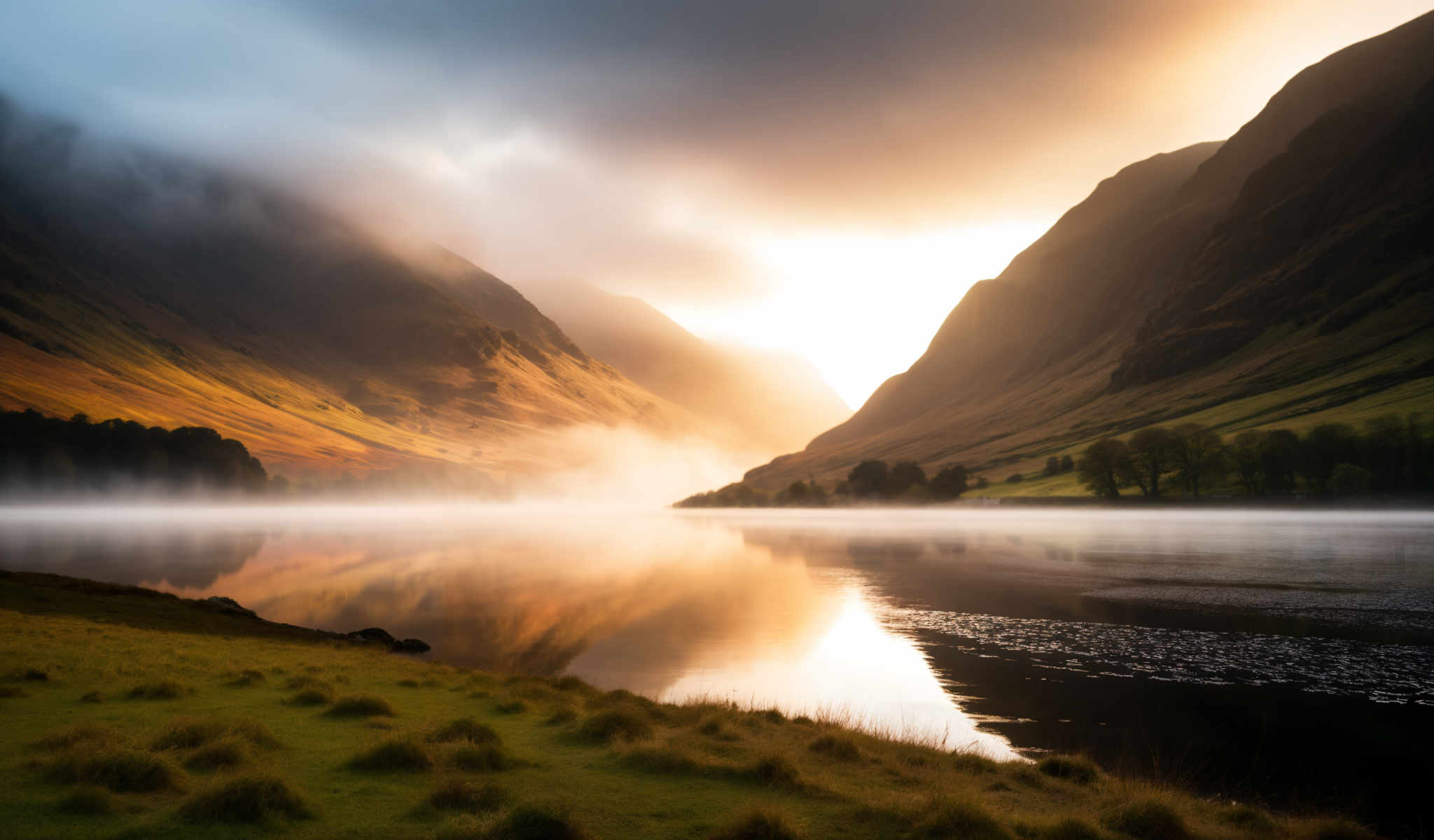 A serene landscape with a mountain range in the background a lake in the foreground and a foggy sky.