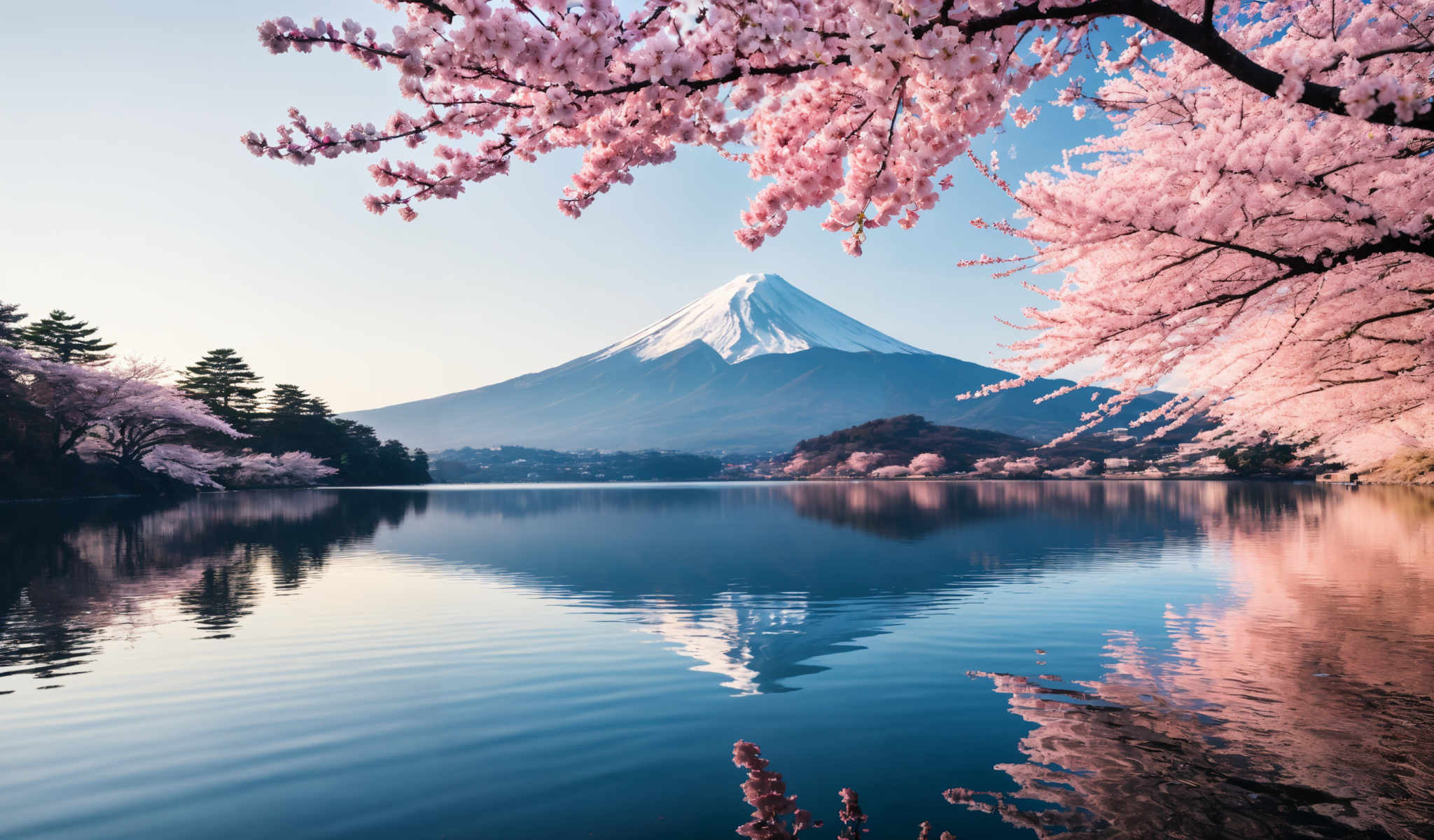 A serene scene of a mountain with a snow covered peak. The mountain is surrounded by a lake which is calm and still. The lake is encircled by cherry blossom trees their pink flowers adding a touch of color to the scene. The sky above is clear and blue providing a beautiful backdrop for the mountain. The image is taken from a low angle giving the viewer a sense of looking up at the mountain and the sky. The colors in the image are vibrant with the pink of the cherry blossoms contrasting with the blue of the sky and the green of the trees. The snow on the mountain peak adds a touch white to the otherwise colorful scene.