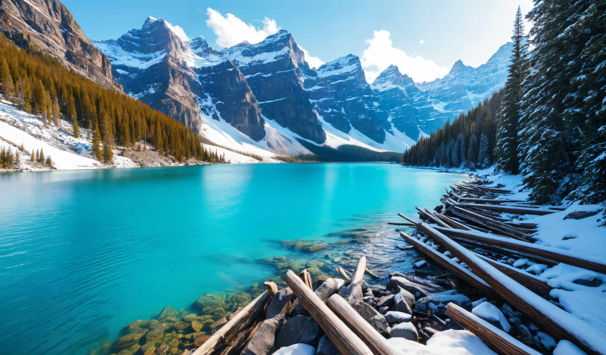 A serene mountain lake with snow covered mountains in the background.