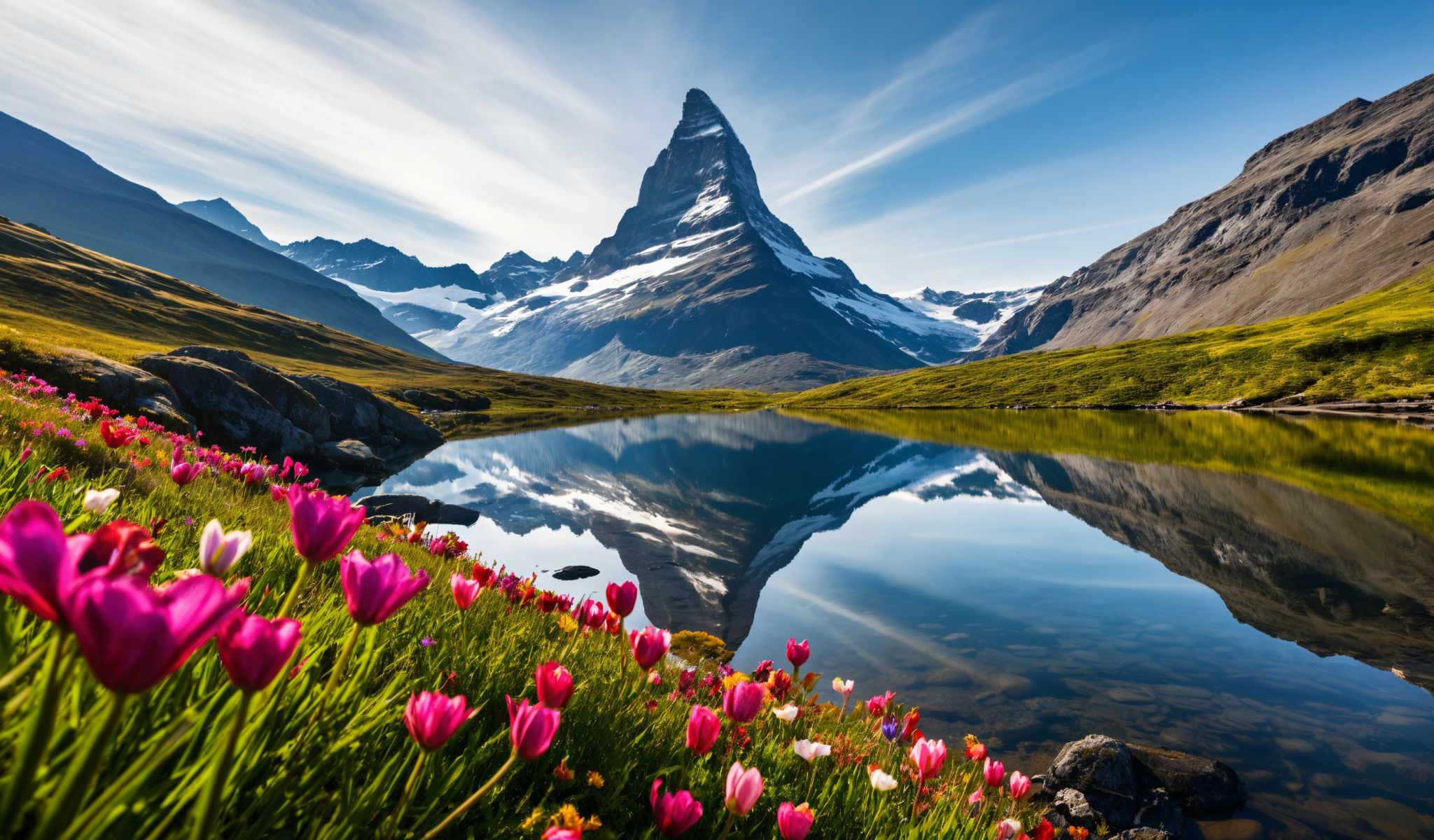 A serene landscape featuring a mountain a lake and a field of flowers. The mountain covered in snow stands tall in the background its peak reaching towards the clear blue sky. In the foreground a field blooms with pink and white tulips their vibrant colors contrasting beautifully with the surrounding greenery. A lake calm and still mirrors the mountain and the sky adding a sense of tranquility to the scene. The image captures the beauty of nature in its purest form with each element - the mountain the lake the field of tulips - contributing to a harmonious whole.