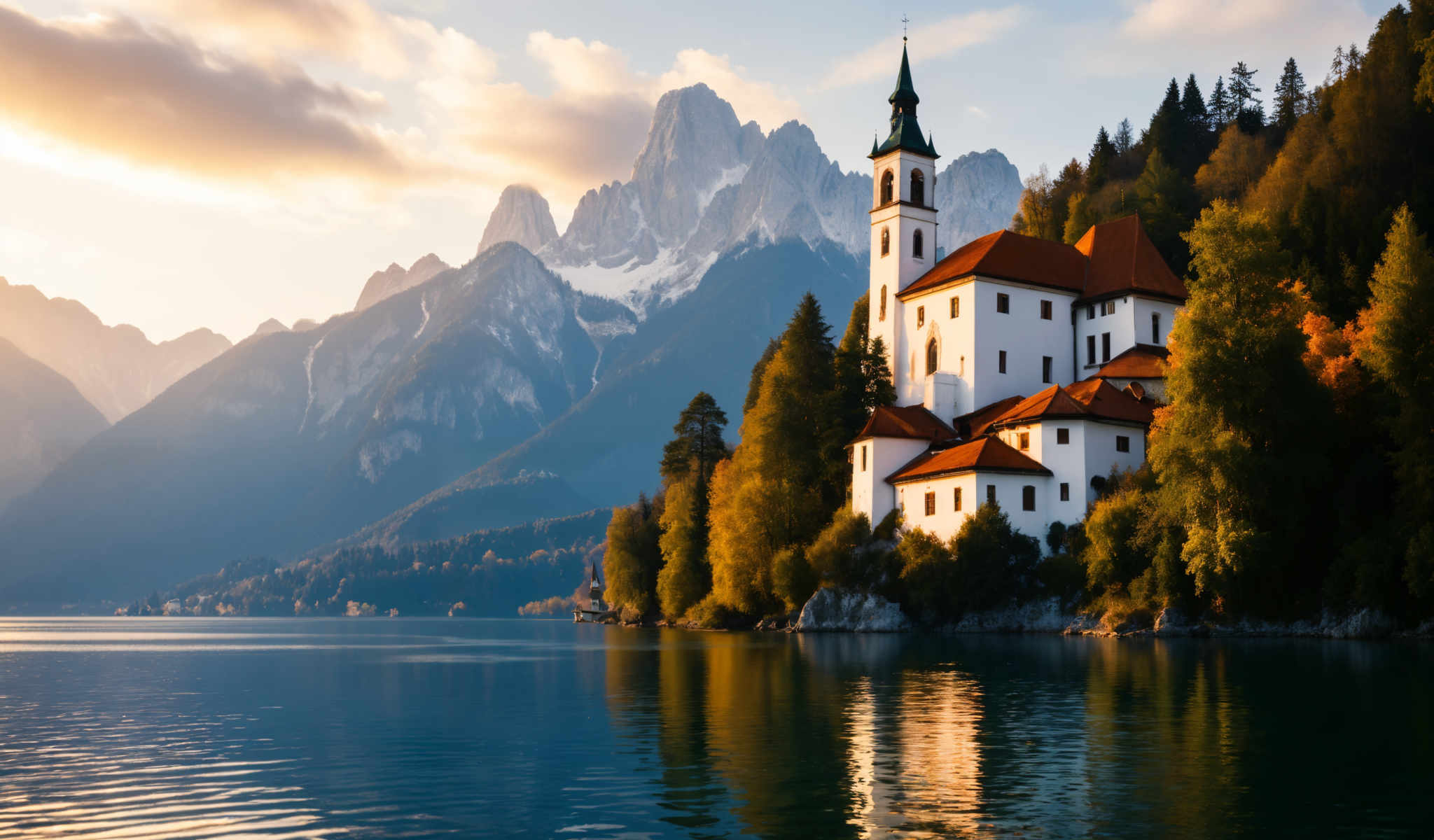 A serene scene of a mountainous landscape with a white building with a green roof and a bell tower. The building is situated on the shore of a deep blue lake. The mountains in the background are covered in snow adding to the beauty of the scene. The sky above is a light blue with a few clouds scattered across it. The image is taken from a distance allowing for a full view of the landscape. The colors in the image are vibrant with the white of the building contrasting against the blue of the lake and sky. The green roof of the house adds a touch of color to the scene while the snow-covered mountains provide a stark contrast. The bell tower on the building stands out drawing the eye towards the center of the photo. The overall composition of the photograph is balanced with each element complementing the others. The lake in the foreground leads the viewer's eye towards both the building and the mountains in background creating a sense of depth and perspective. The light blue sky provides a calm backdrop to the entire scene completing the picture of a peaceful and beautiful landscape.