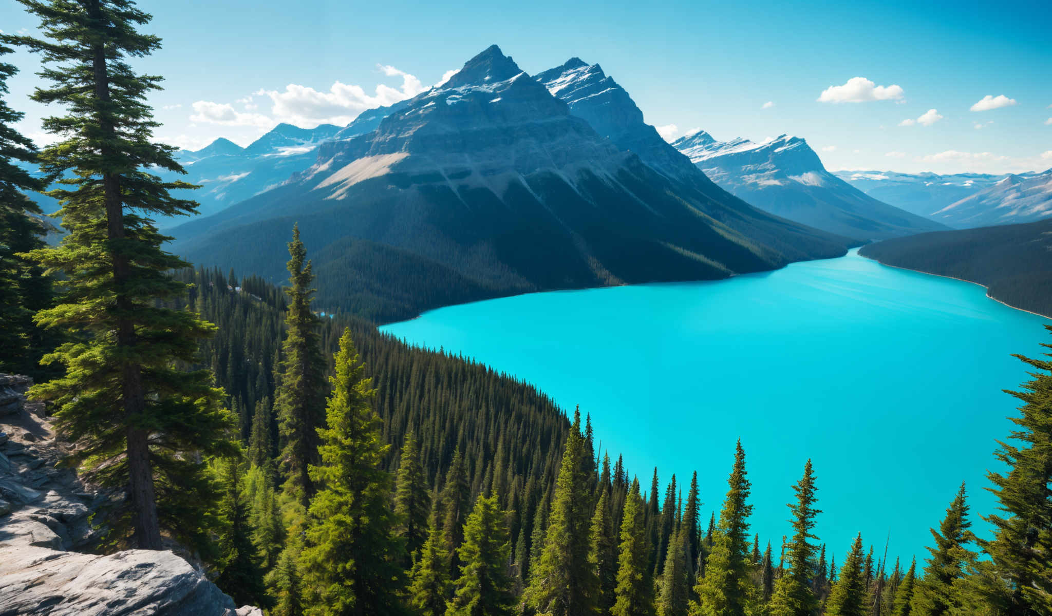 A breathtaking view of a mountain range with a turquoise lake in the valley. The mountains are covered in snow and the sky is a clear blue. The lake is surrounded by trees and there are a few trees in the foreground. The image captures the beauty of nature and the tranquility of the scene.