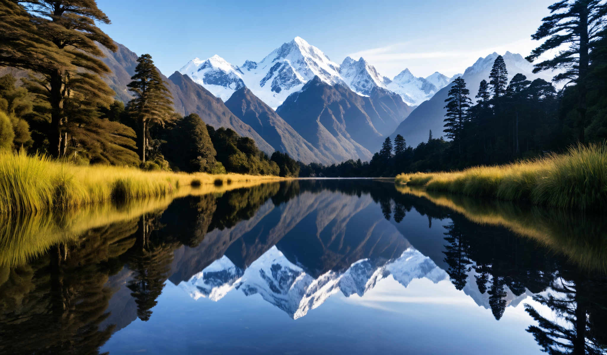 A serene mountain landscape with a lake in the foreground. The mountains are covered in snow and the sky is clear. The lake is calm and still reflecting the surrounding scenery. The surrounding area is lush with greenery including trees and grass. The image is taken from a distance allowing for a full view of the landscape. The colors in the image are vibrant with the green of the vegetation contrasting with the blue of the sky and the white of the snow. The perspective of the photo is from a low angle looking up at the mountains giving a sense of scale and grandeur to the scene. The photo captures the beauty and tranquility of nature with no man-made structures or distractions. The landmark identifier "sa_1624" does not provide additional information about the location of this landscape.