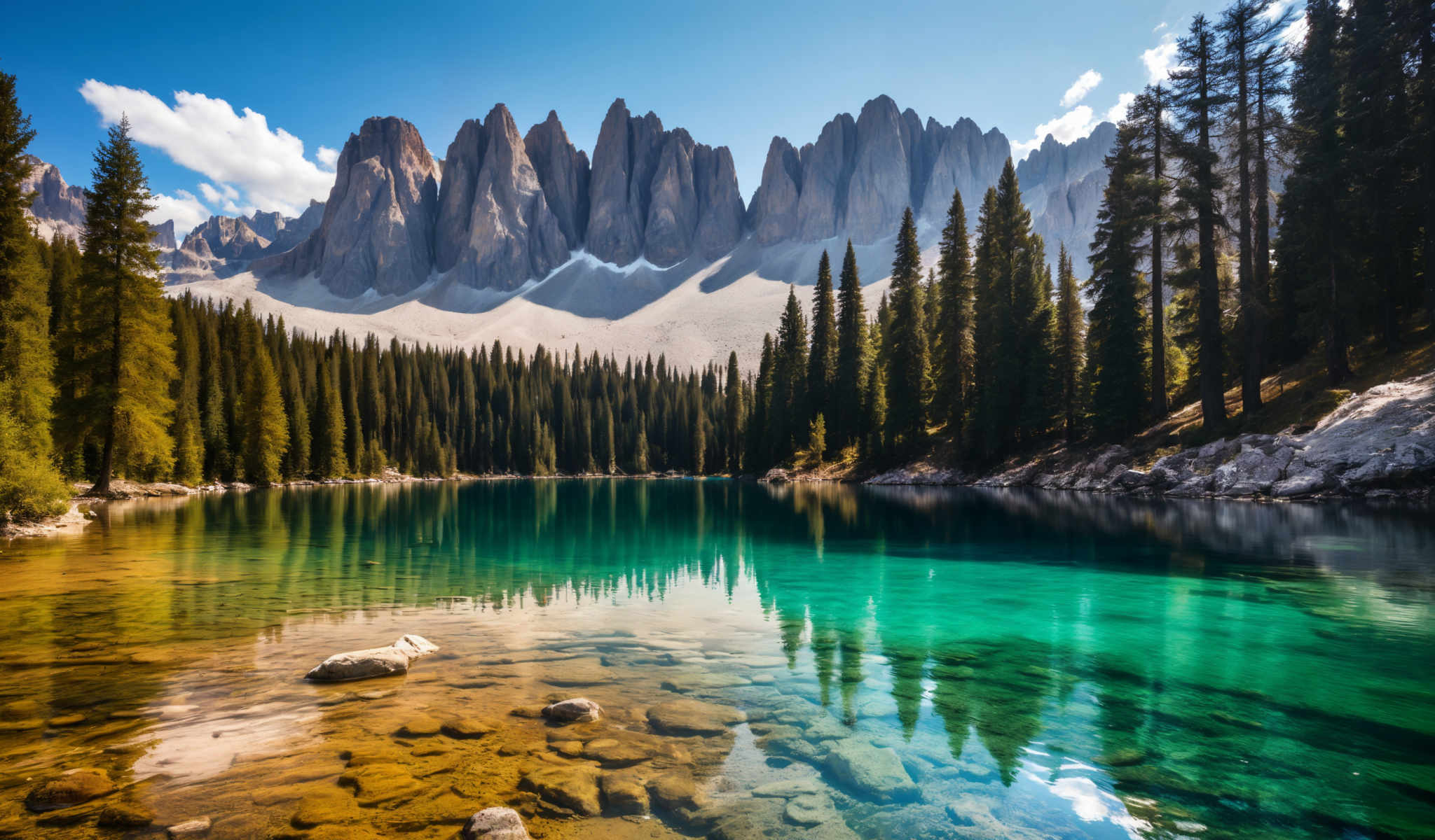 A serene mountainous landscape with a clear blue sky. The mountains are covered in snow and surrounded by trees. In the foreground there is a beautiful lake with a rainbow of rocks on the shore. The lake is surrounded by a forest of trees. The sky is clear and blue with a few clouds scattered across it. The image captures the beauty of nature in its purest form.