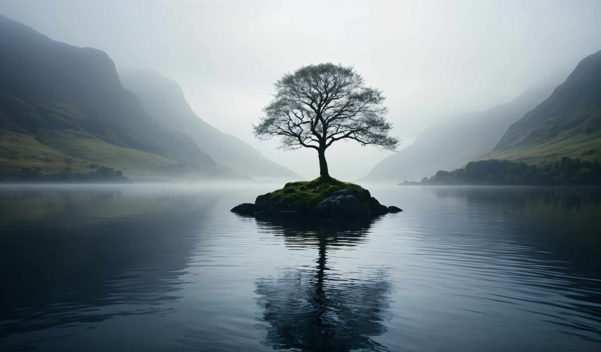 A tree stands on a small island in the middle of a body of water.