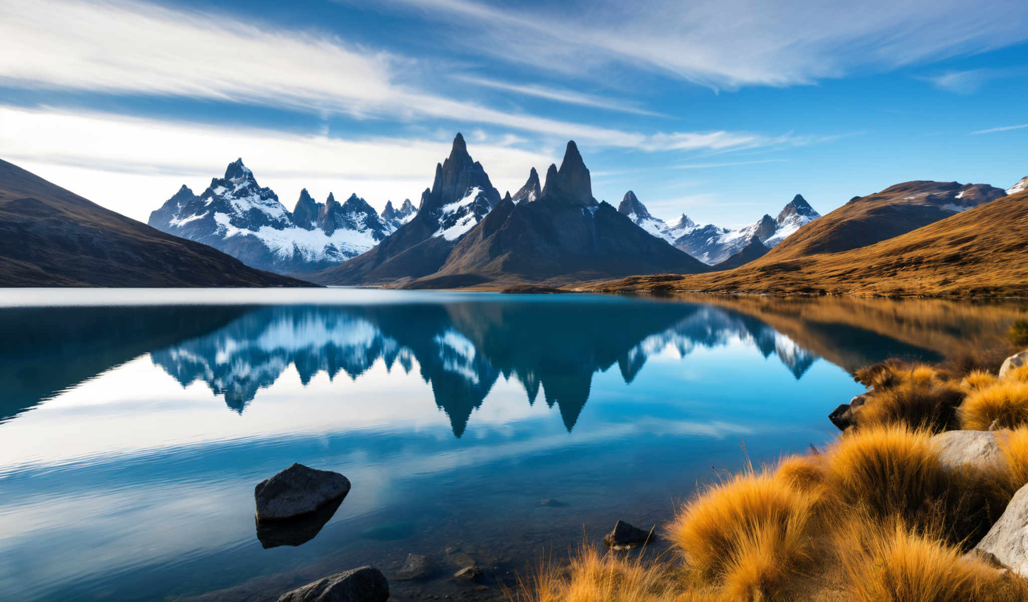 A serene mountainous landscape with a deep blue lake in the foreground. The mountains are jagged and covered in snow with a few peaks piercing the clear blue sky. The lake is calm and still reflecting the surrounding mountains and the sky. In the foreground there are a few rocks and some grass adding to the natural beauty of the scene. The image captures the tranquility and majesty of nature in its purest form.