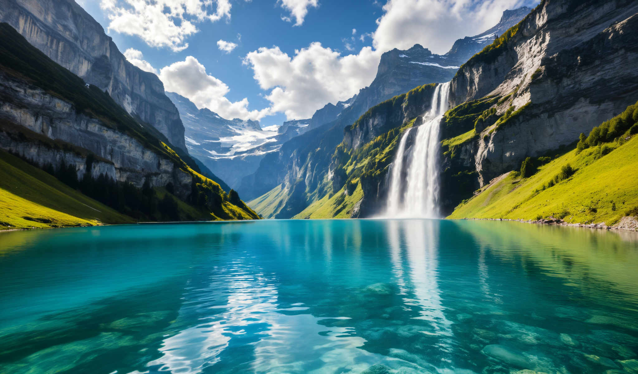 A serene mountain landscape with a waterfall cascading down the side of a mountain. The water is a bright blue color and is reflected in the lake below. The mountains are covered in lush green vegetation. The sky is a clear blue with a few clouds scattered across it. The image is taken from a distance allowing for a full view of the beautiful scene. The waterfall is the main focus of the photo with the mountains and lake serving as a picturesque backdrop. The colors in the photo are vibrant with a mix of blues greens and whites. The photo captures the beauty and tranquility of nature.